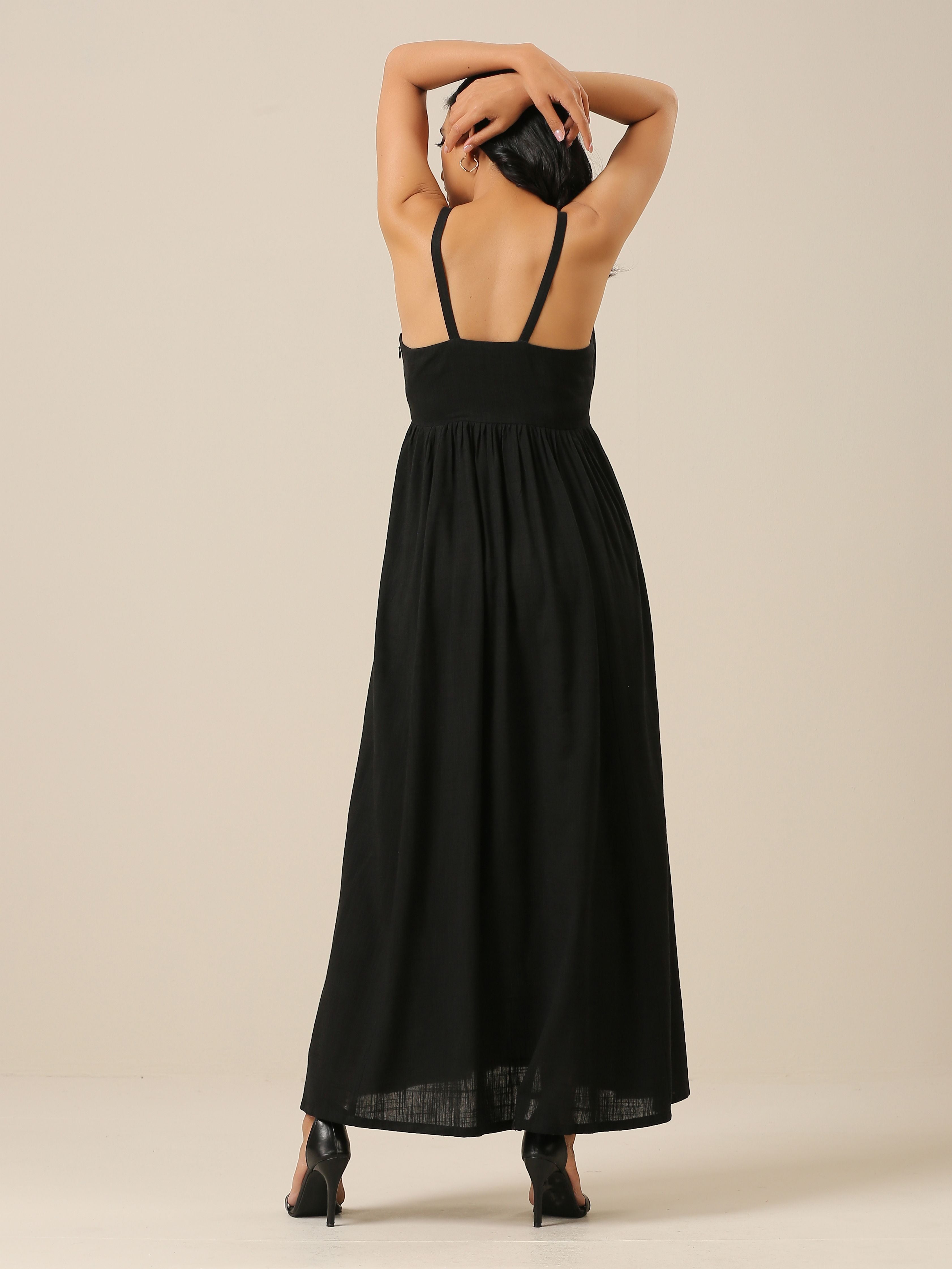 trueBrowns Black Slub Texture Sleeveless Dress