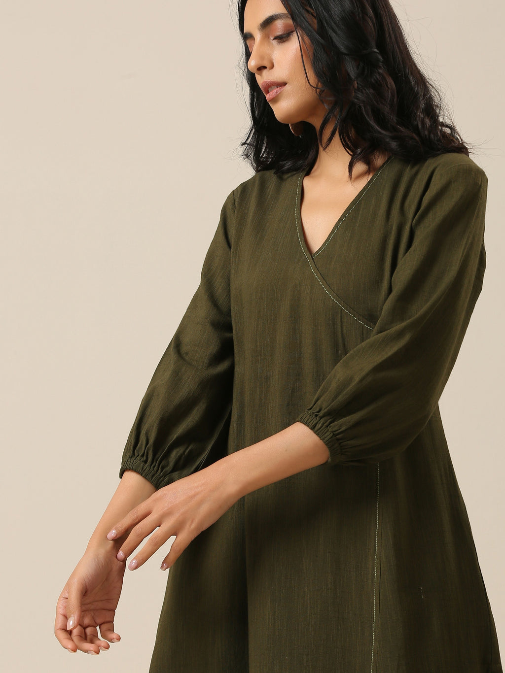trueBrowns Olive Green Slub Texture Kurta Pant Set