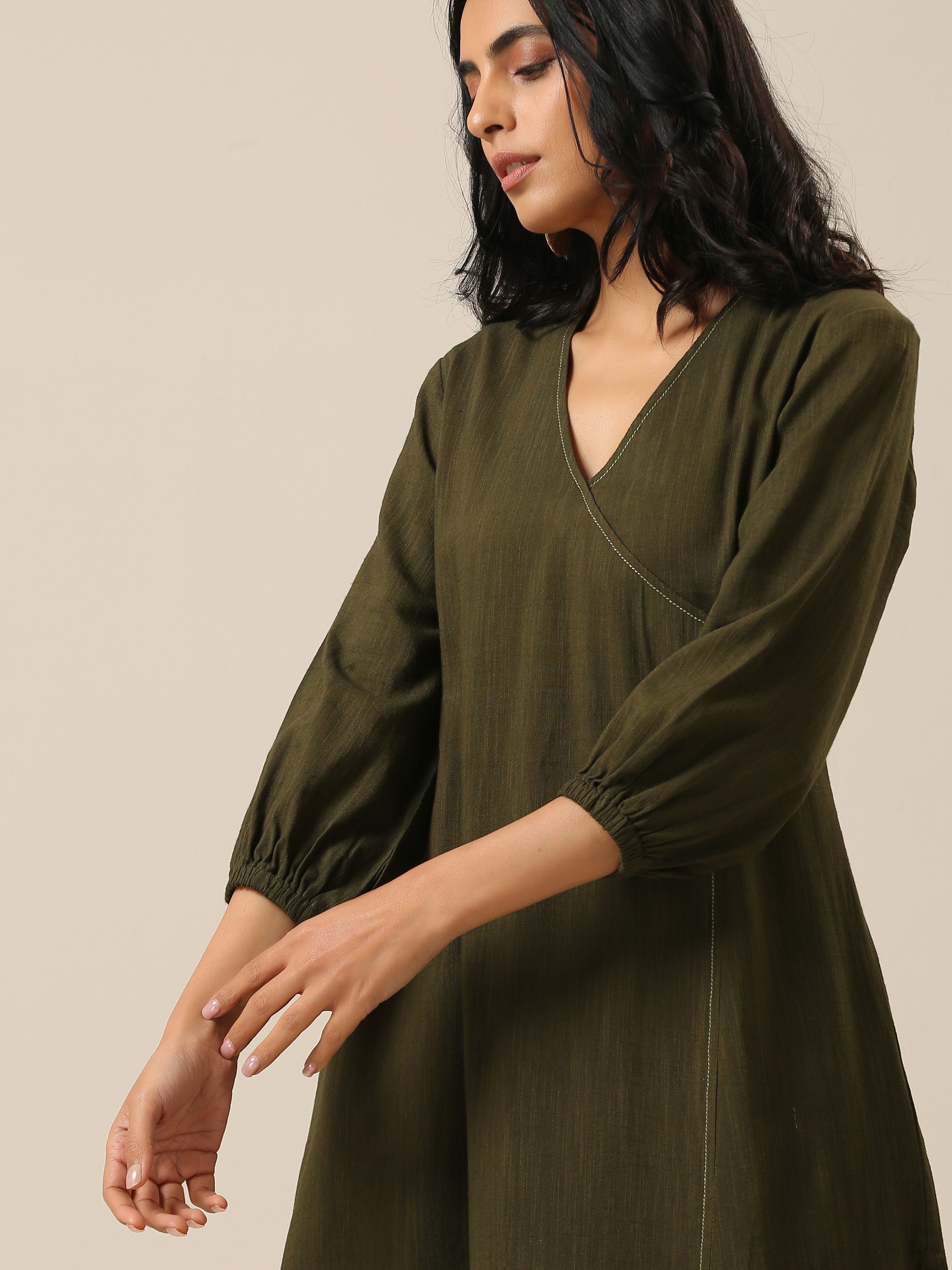 trueBrowns Olive Green Slub Texture Kurta Pant Set