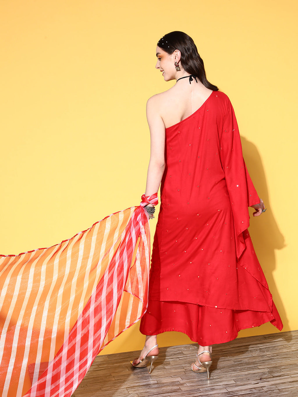 InWeave Women's Red Mirror Work One Shoulder Kurta Set With Dupatta