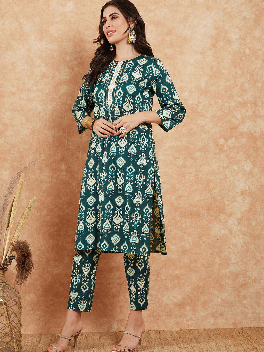 InWeave Women's Peacock Blue Ikkat Print Gota Work Straight Kurta Pant Set