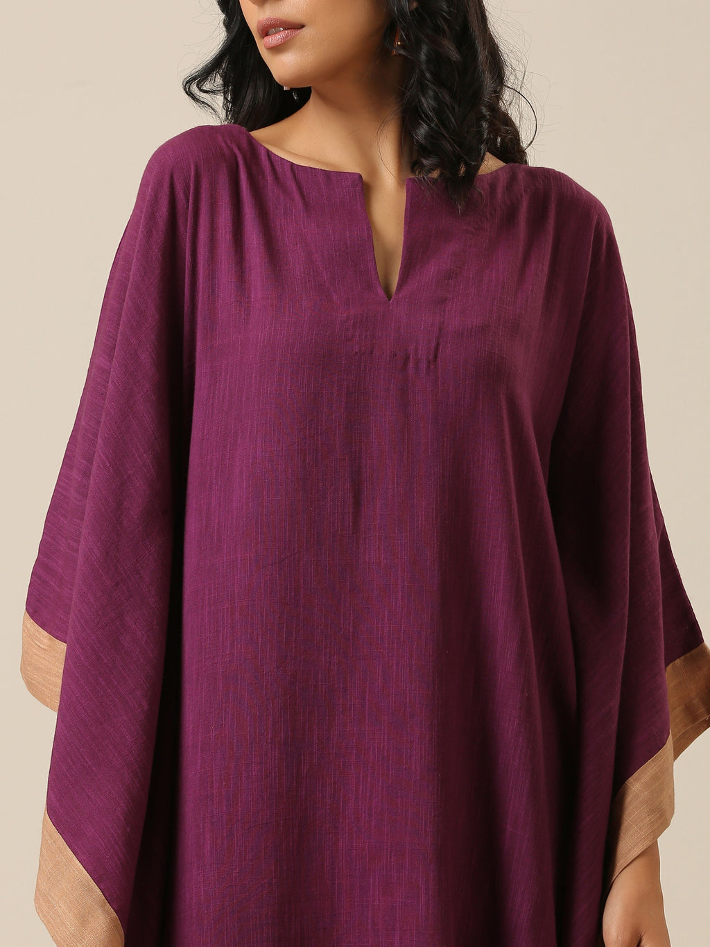 trueBrowns Plum Purple Slub Texture High Low Kaftan Pant Set