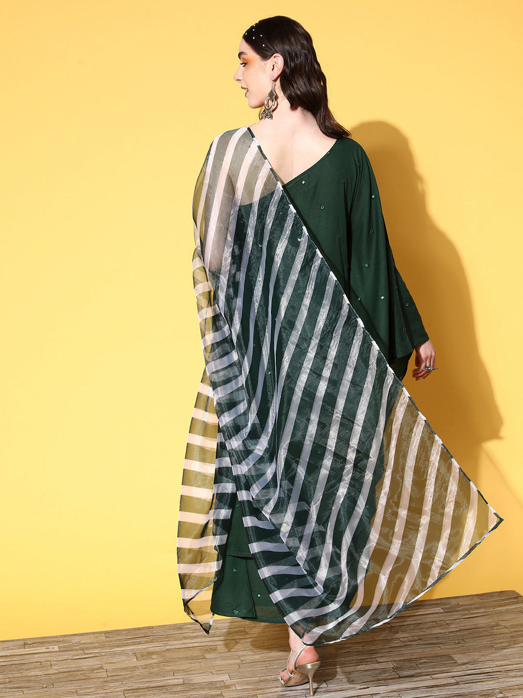 InWeave Women's Green Mirror Work One Shoulder Kurta Set With Dupatta