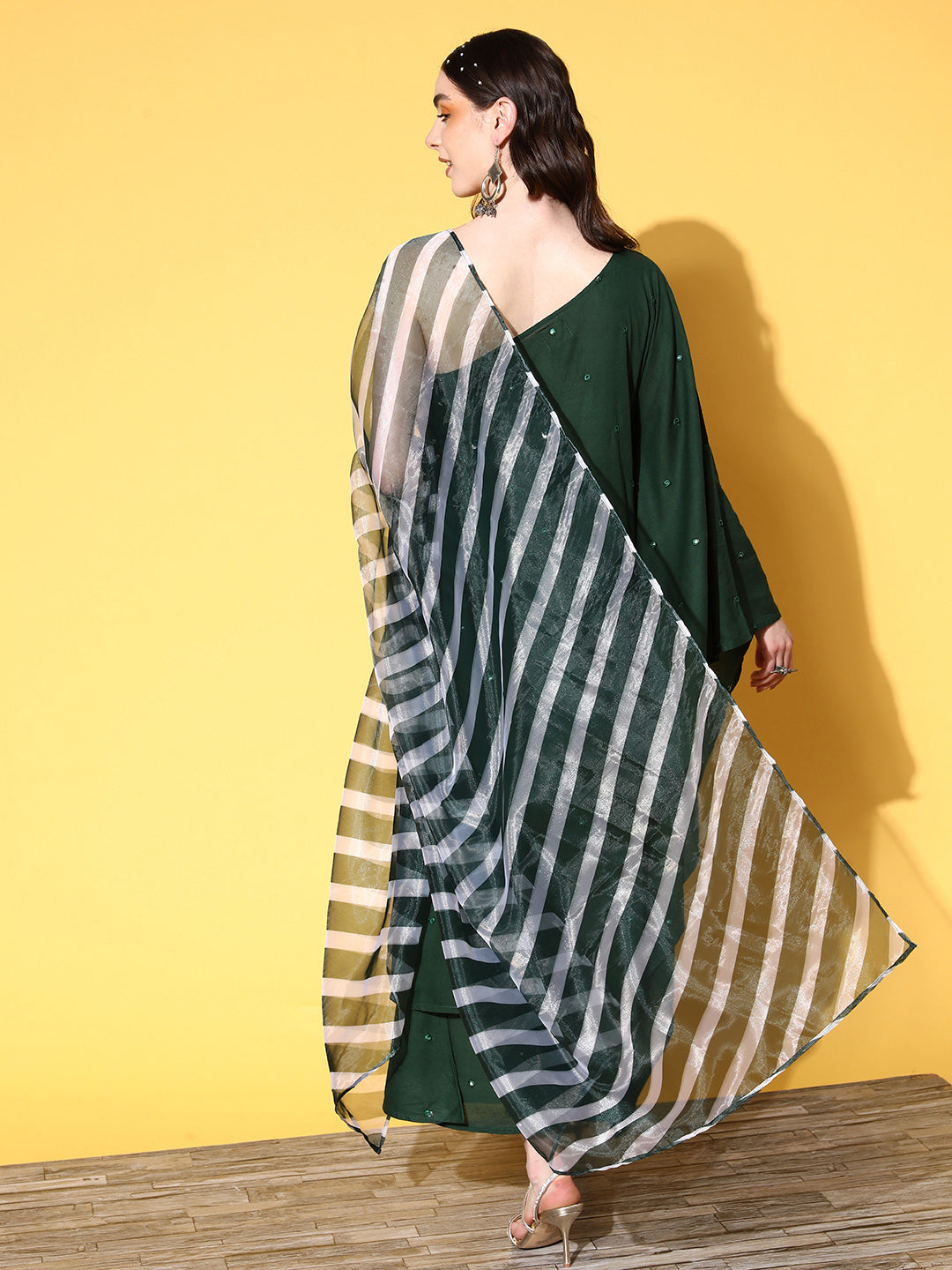 InWeave Women's Green Mirror Work One Shoulder Kurta Set With Dupatta