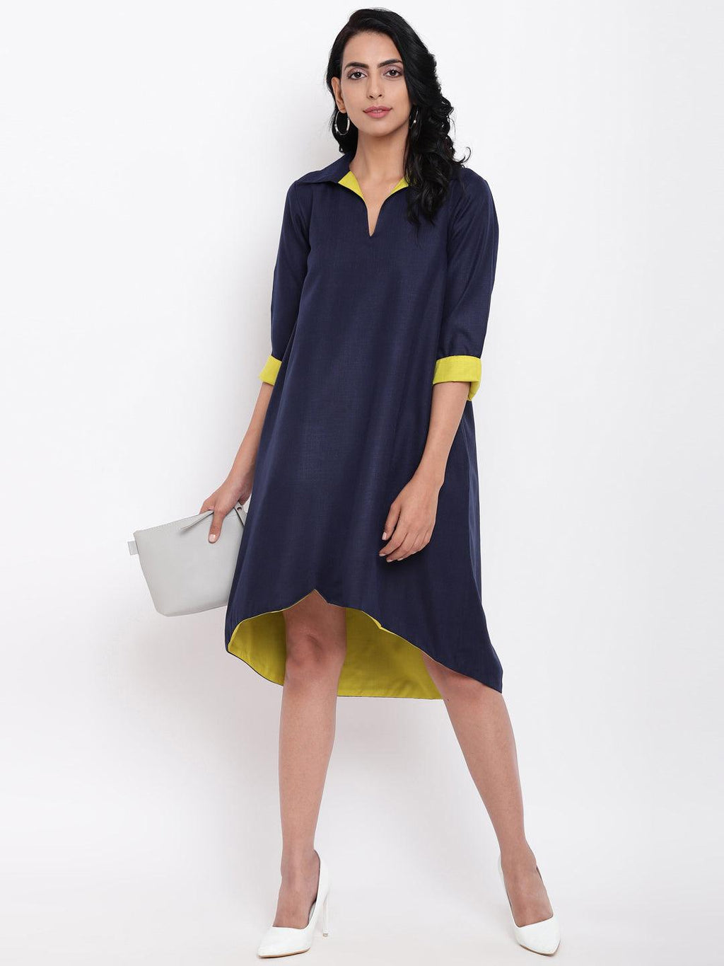 trueBrowns Linen Cotton Blue Collared Dress