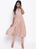 trueBrowns Pure Cotton Beige Gota Slit Kurta Set