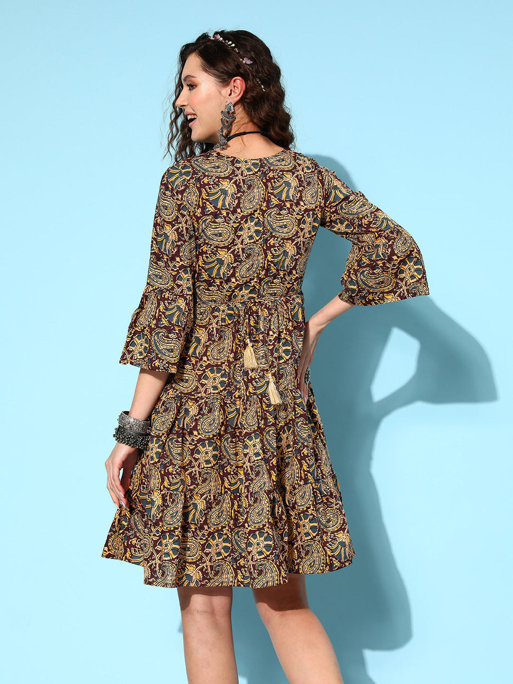 InWeave Women's Brown Kalamkari Print Short Dress