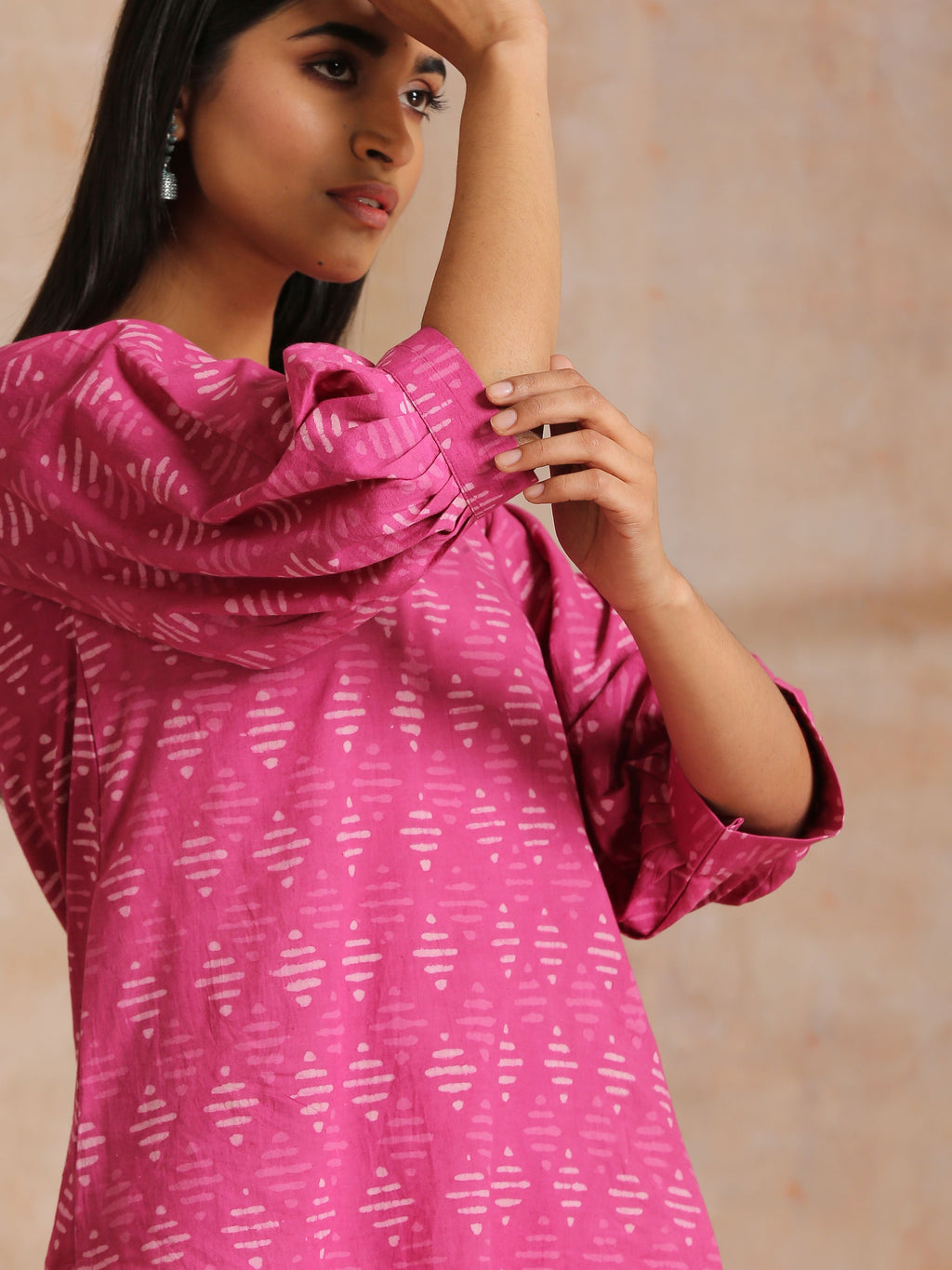 trueBrowns Pink Dabu Print Cotton Baggy Sleeve Co-Ord Set