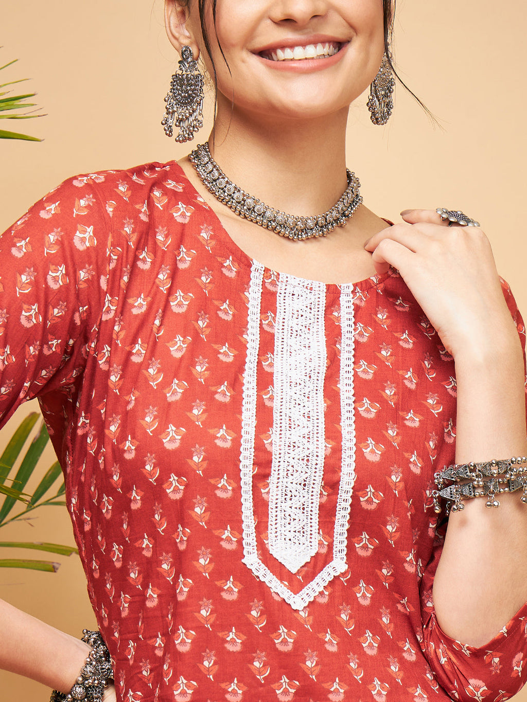 InWeave Women's Rust Small Floral Print Lace Straight Kurta Pant Set