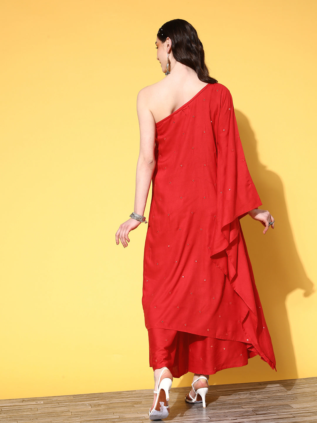 InWeave Women's Red Mirror Work One Shoulder Kurta Set