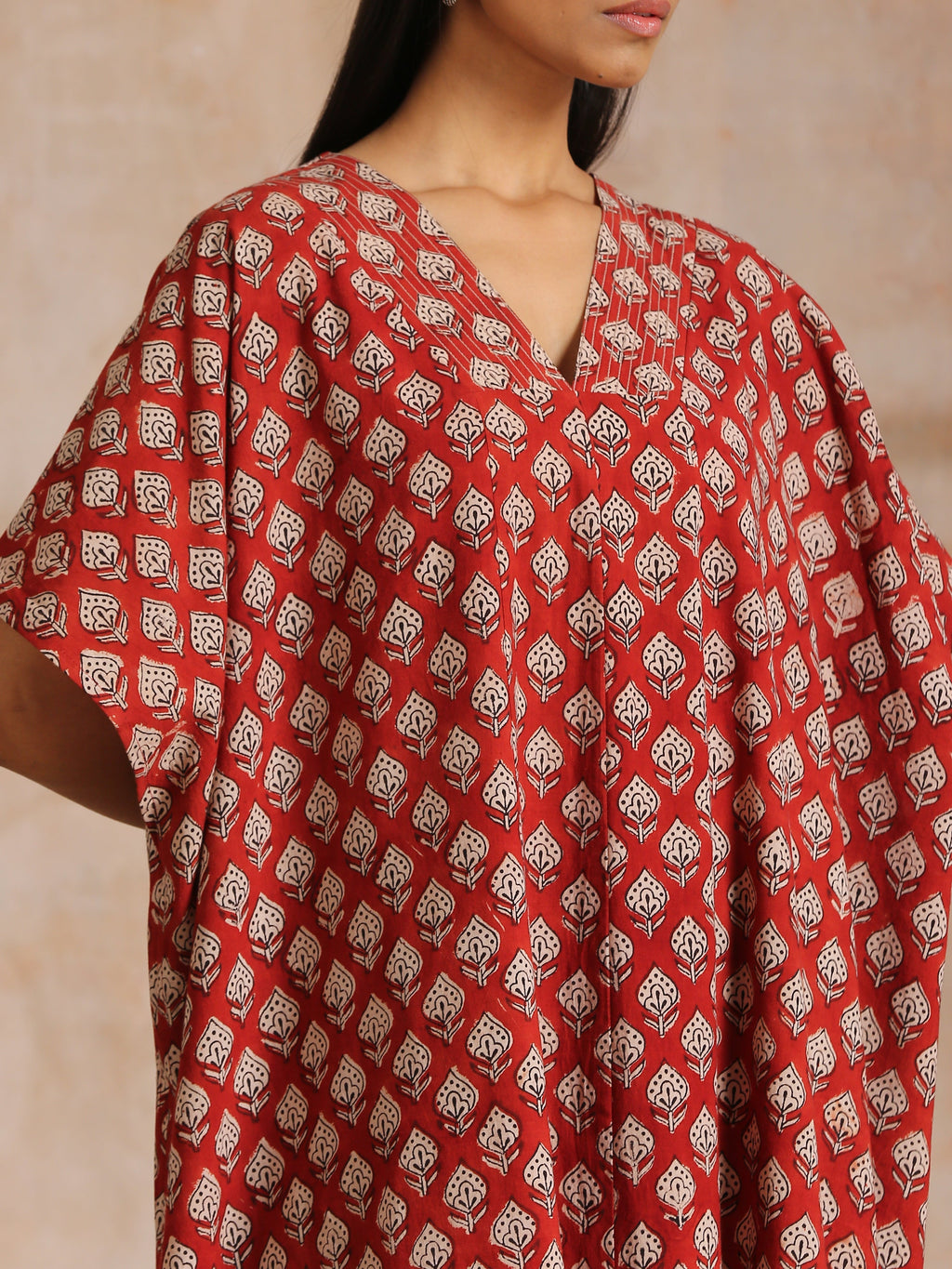 trueBrowns Rust Red Bagru Floral Print Cotton Panel Kaftan Kurta Pant Set