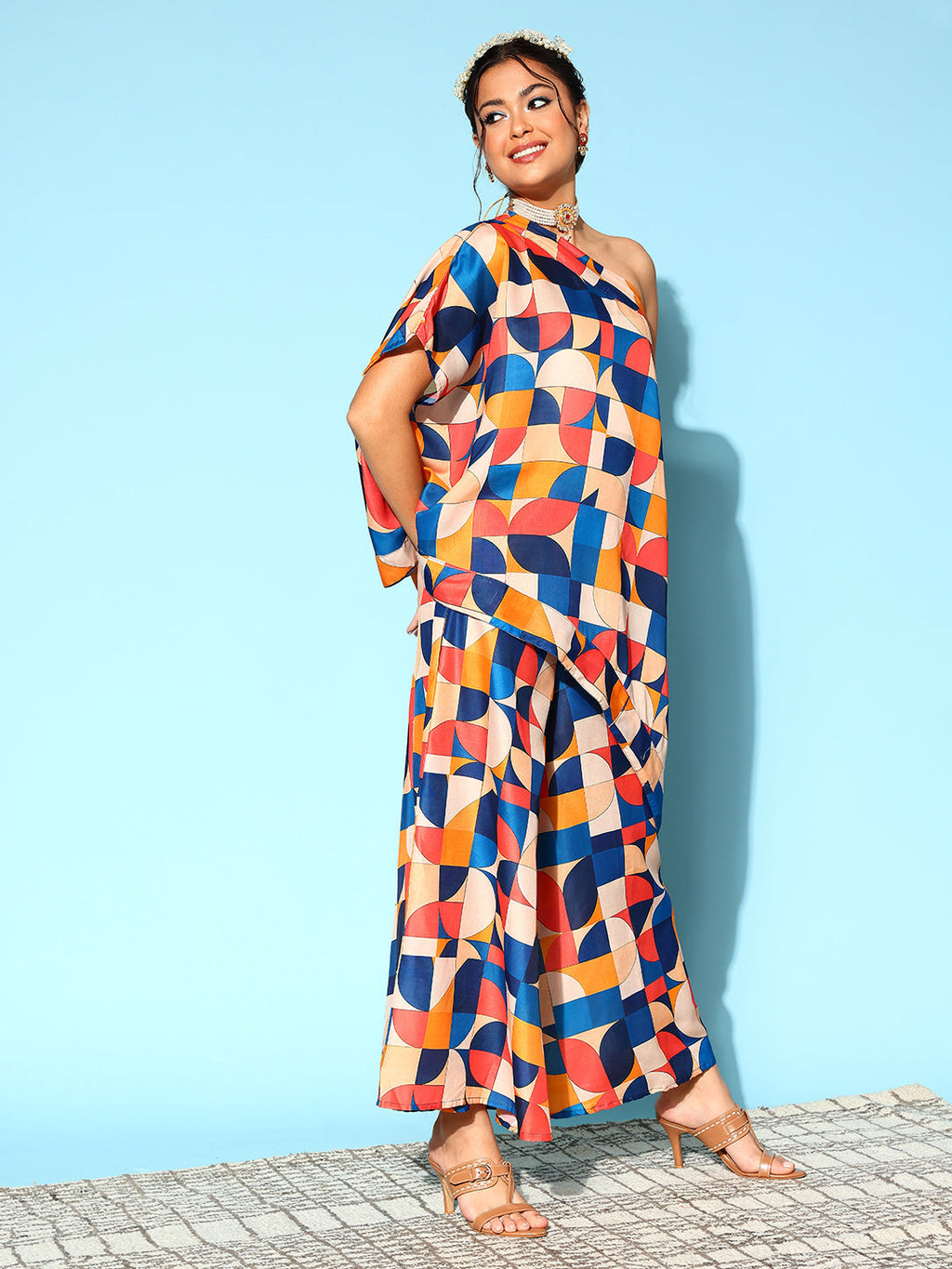 InWeave Women's Multi Geometric Print One Shoulder Top With Palazzo Set