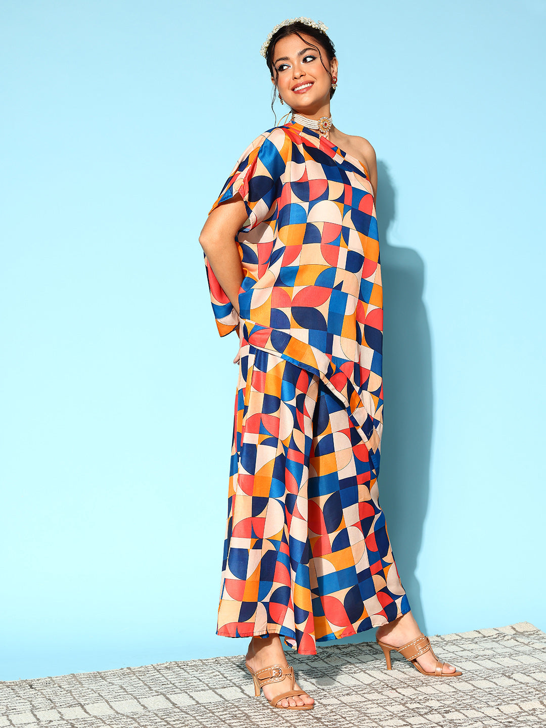 InWeave Women's Multi Geometric Print One Shoulder Top With Palazzo Set