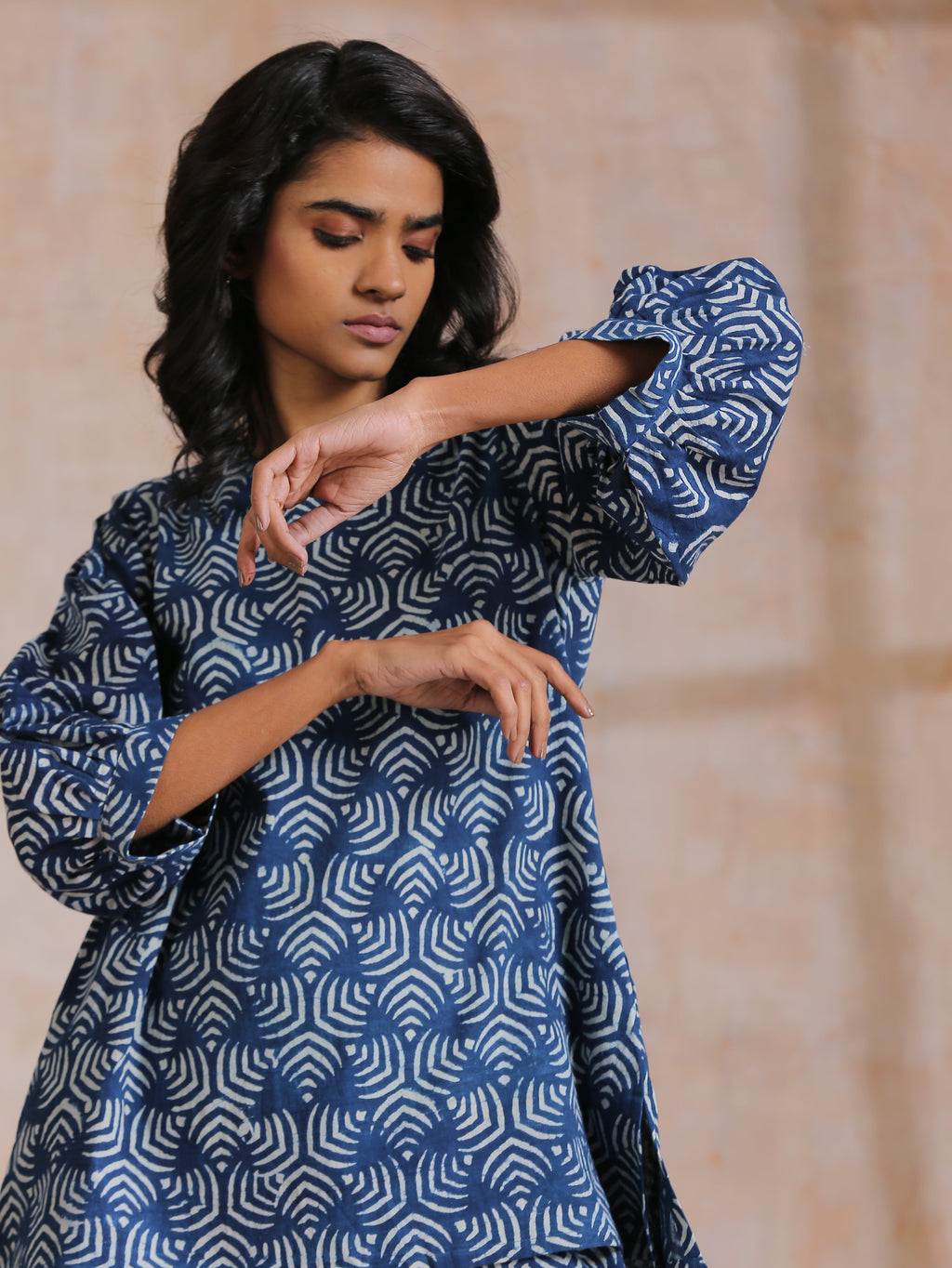 trueBrowns Indigo Dabu Overall Print Cotton Baggy Sleeve Co-Ord Set
