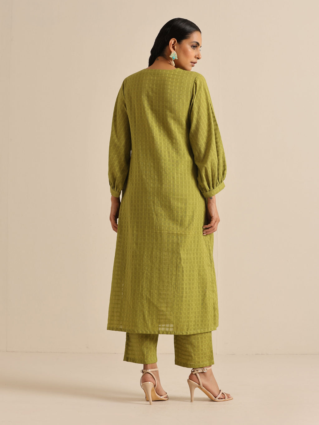 trueBrowns Fresh Green Dobby Puff Sleeve Kurta Pant Set