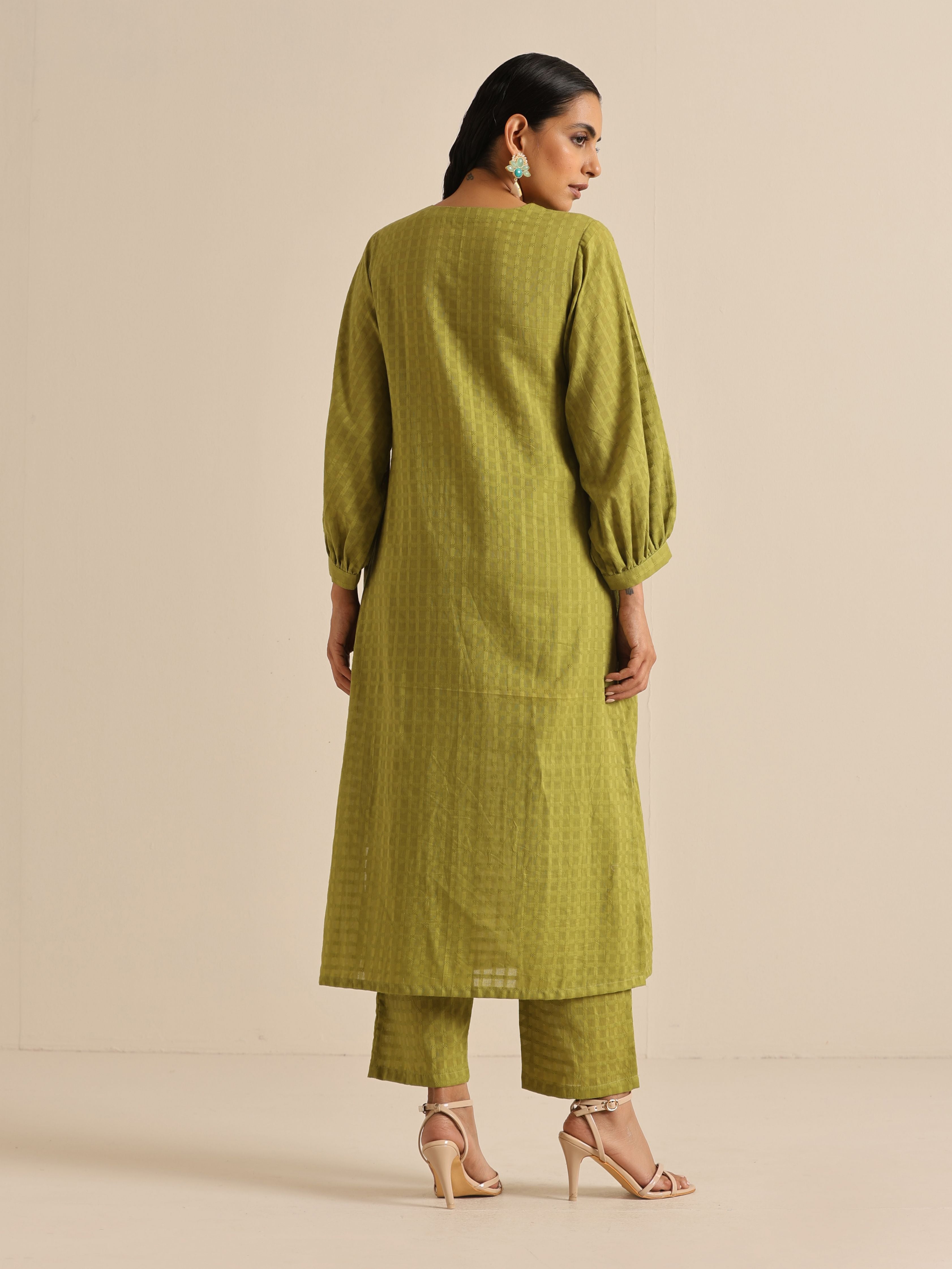 trueBrowns Fresh Green Dobby Puff Sleeve Kurta Pant Set