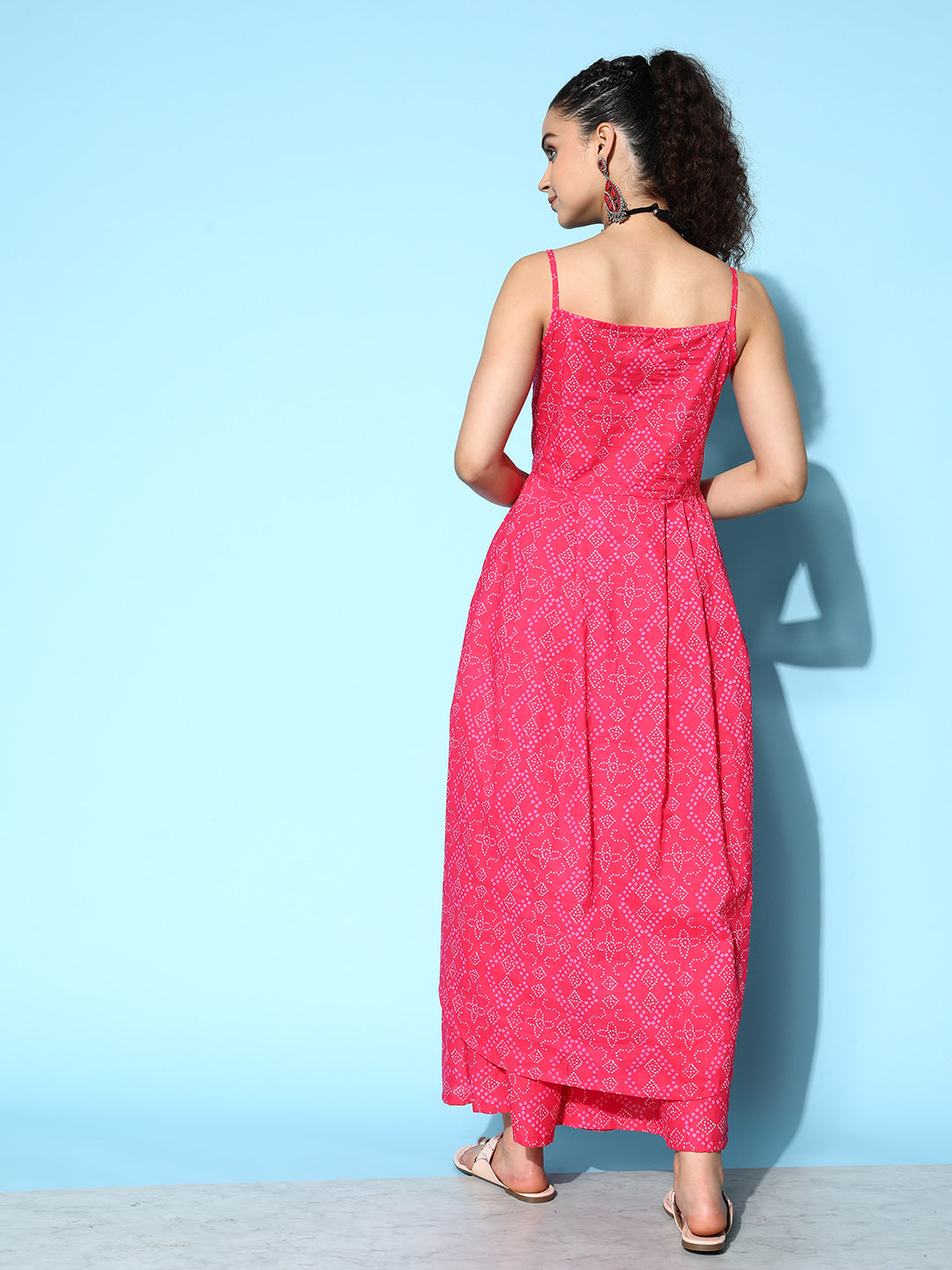 InWeave Women's Pink Bandhani Strappy Kurta Set