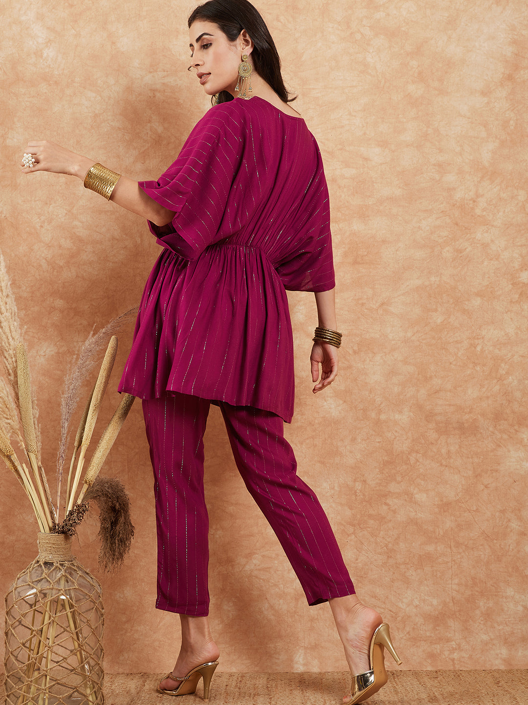 InWeave Women's Magenta Lurex V Neck Gota Kaftan Style Kurta Set