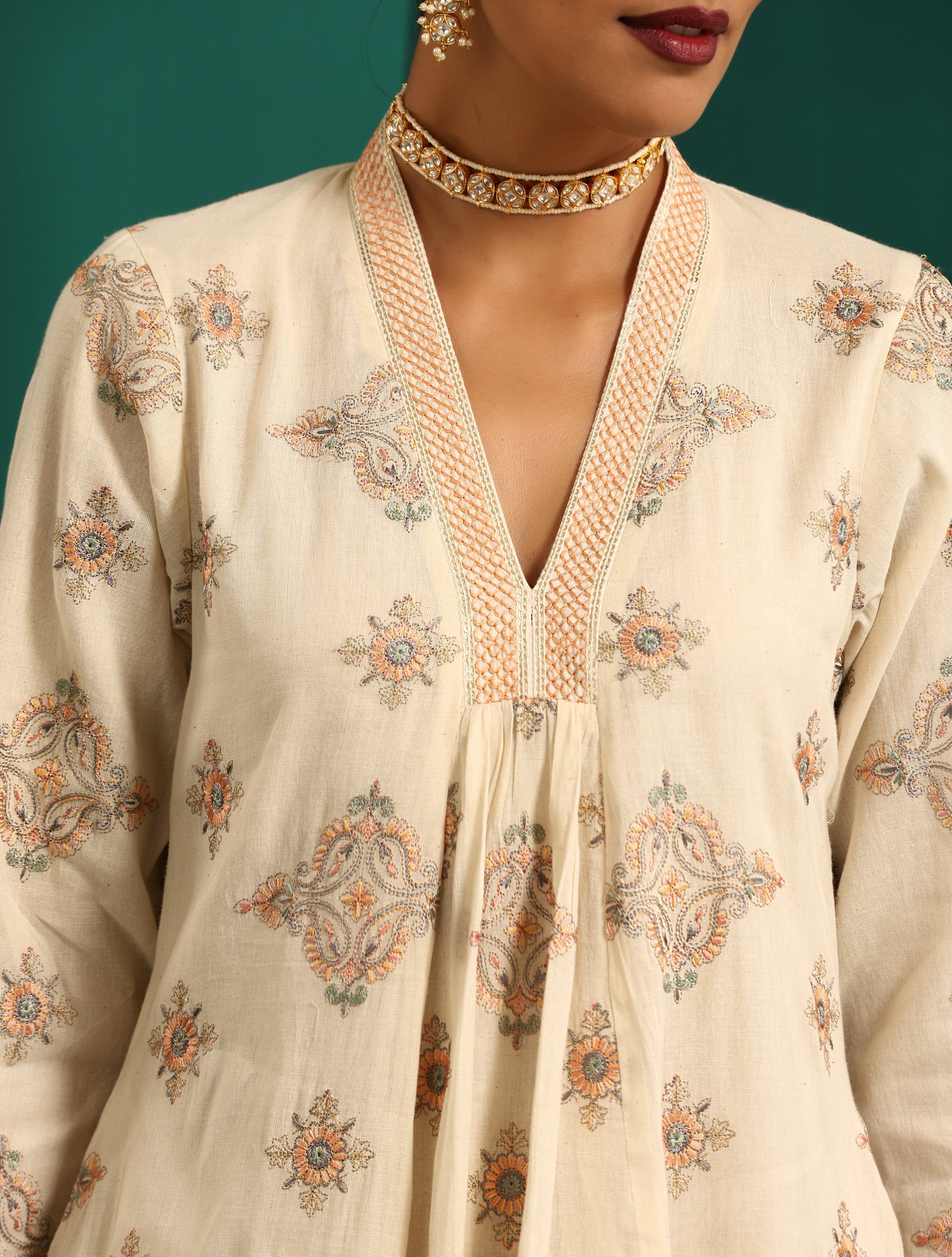 trueBrowns Ivory Peach Cotton Front Gathered Kurta Pant Set