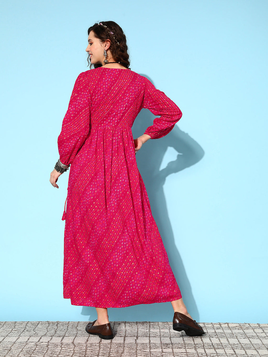 InWeave Women's Maroon Ethnic Print Wrapped Long Dress