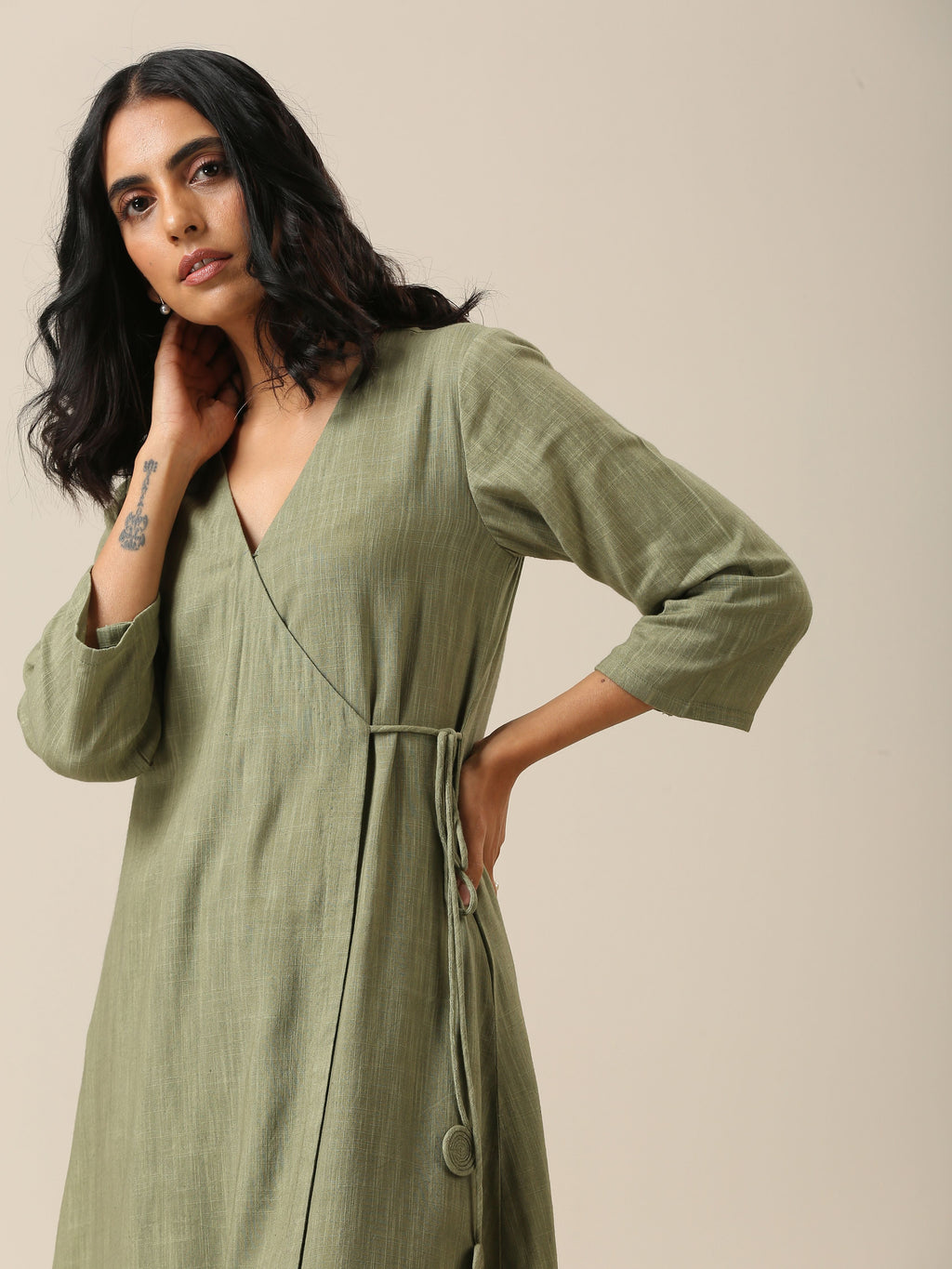 trueBrowns Sage Slub Texture Angrakha Pant Set | Relove