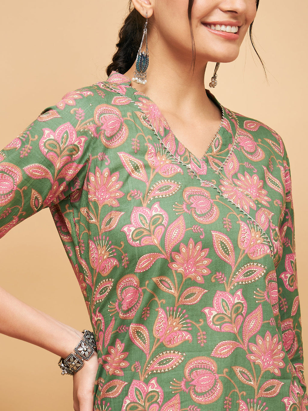 InWeave Women's Green Pink Floral Angrakha Straight Kurta