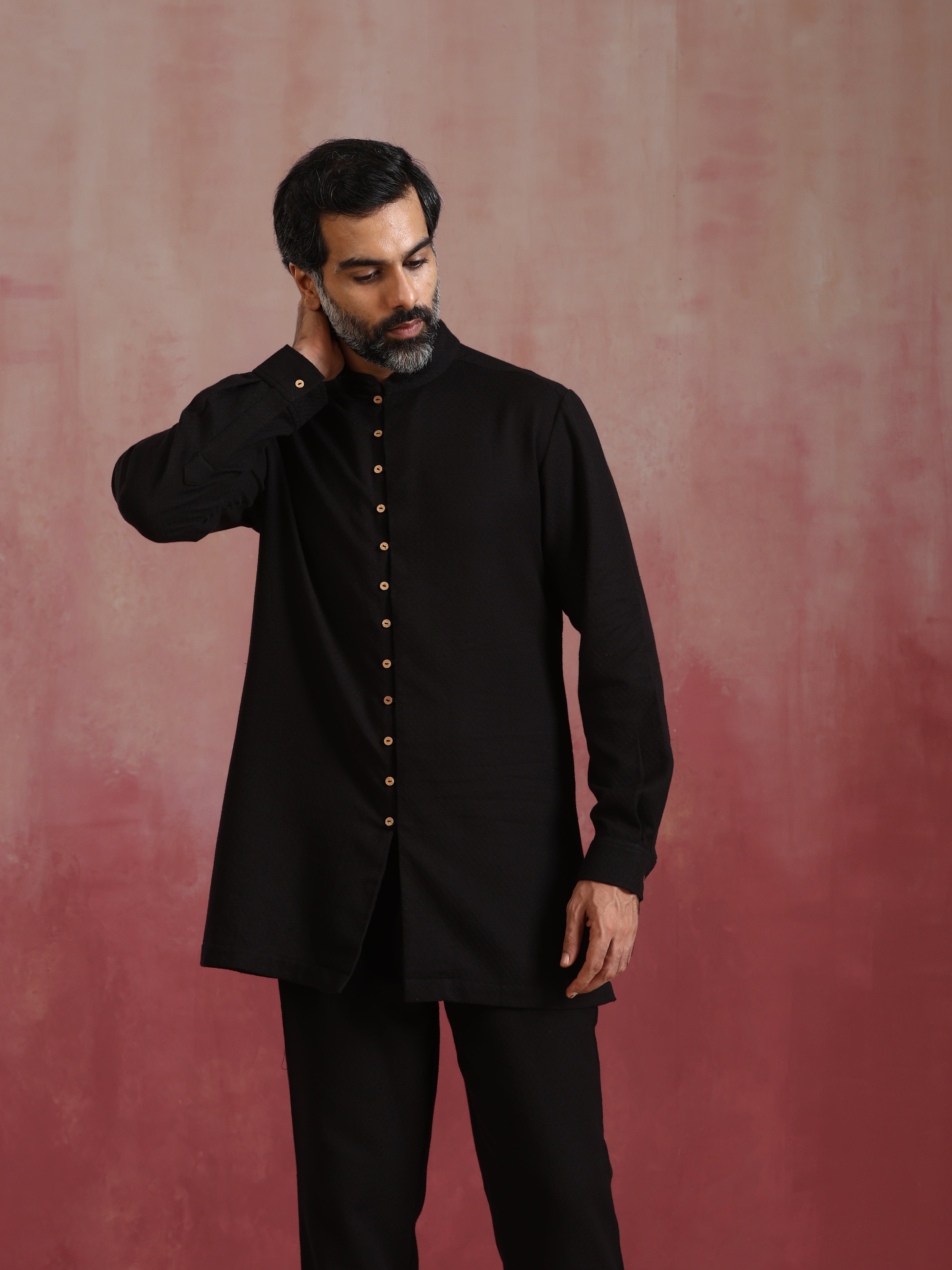 trueBrowns Men's Black Cotton Dobby Kurta Co-ord Set