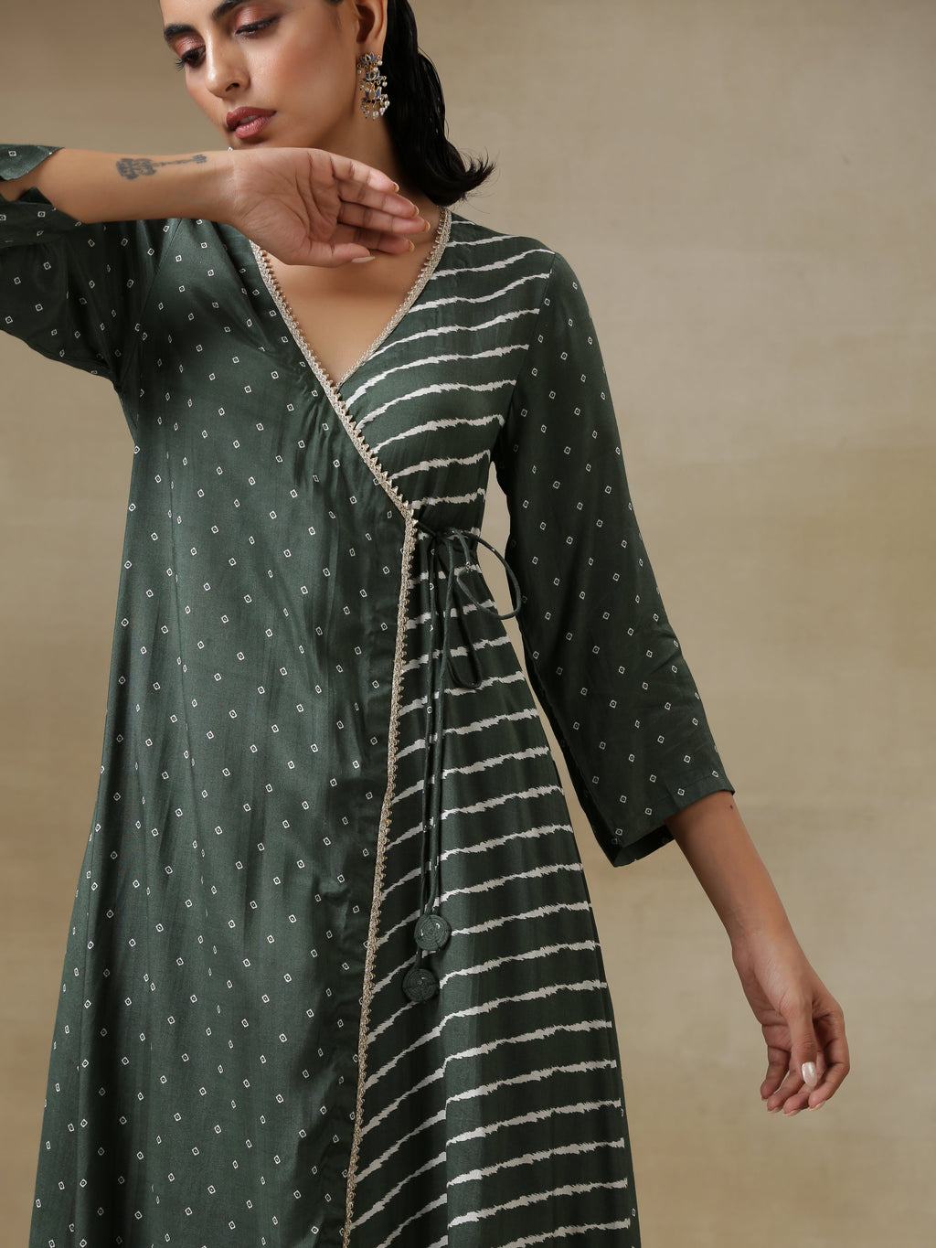 trueBrowns Dark Green Bandhani Printed Silk Angrakha Kurta Pant Set