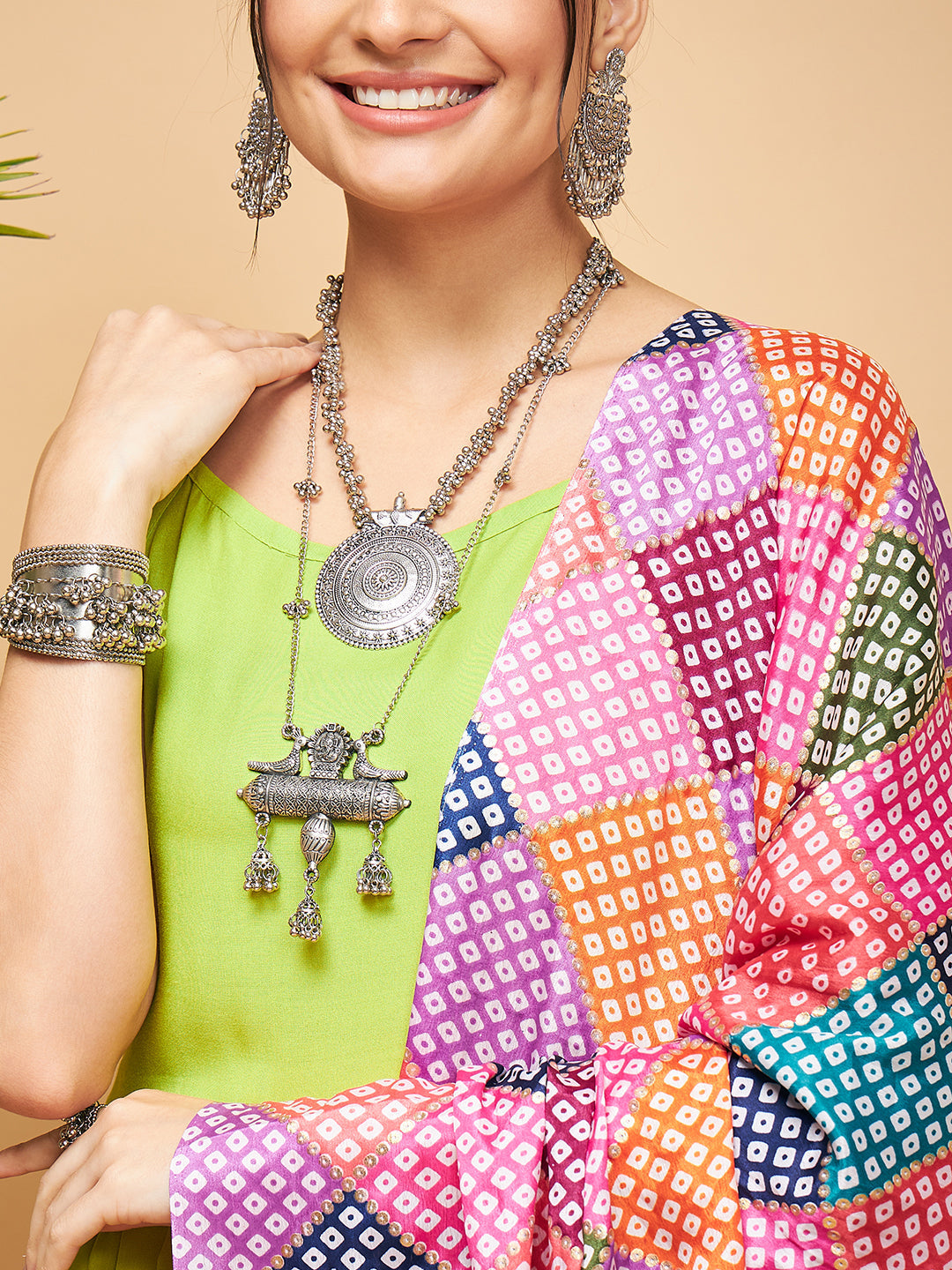 InWeave Women's Lime Green Strappy Set W Square Bandhani Print Silk Dupatta