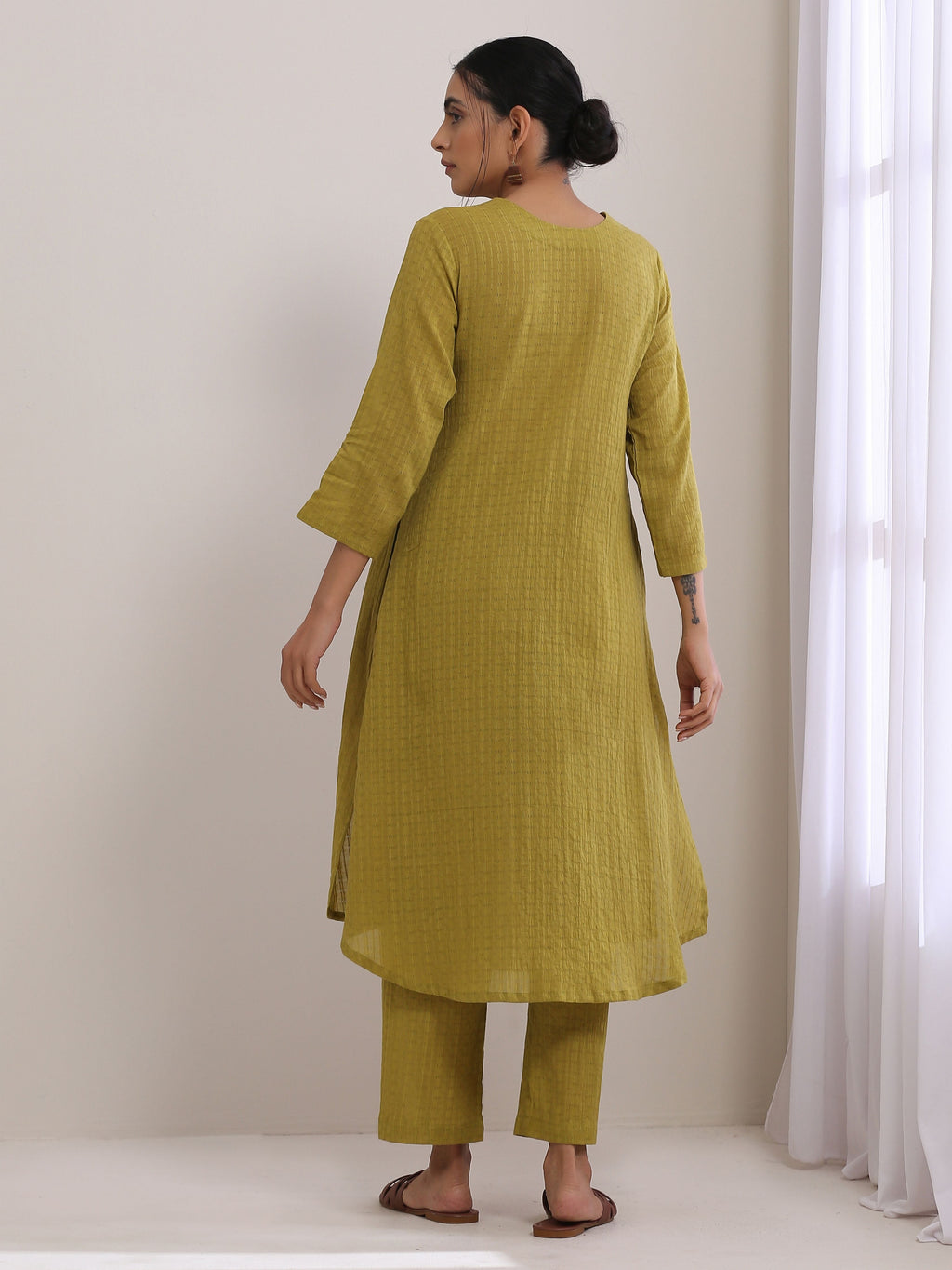 trueBrowns Avacado Green Dobby Flared Slit Kurta Pant Set