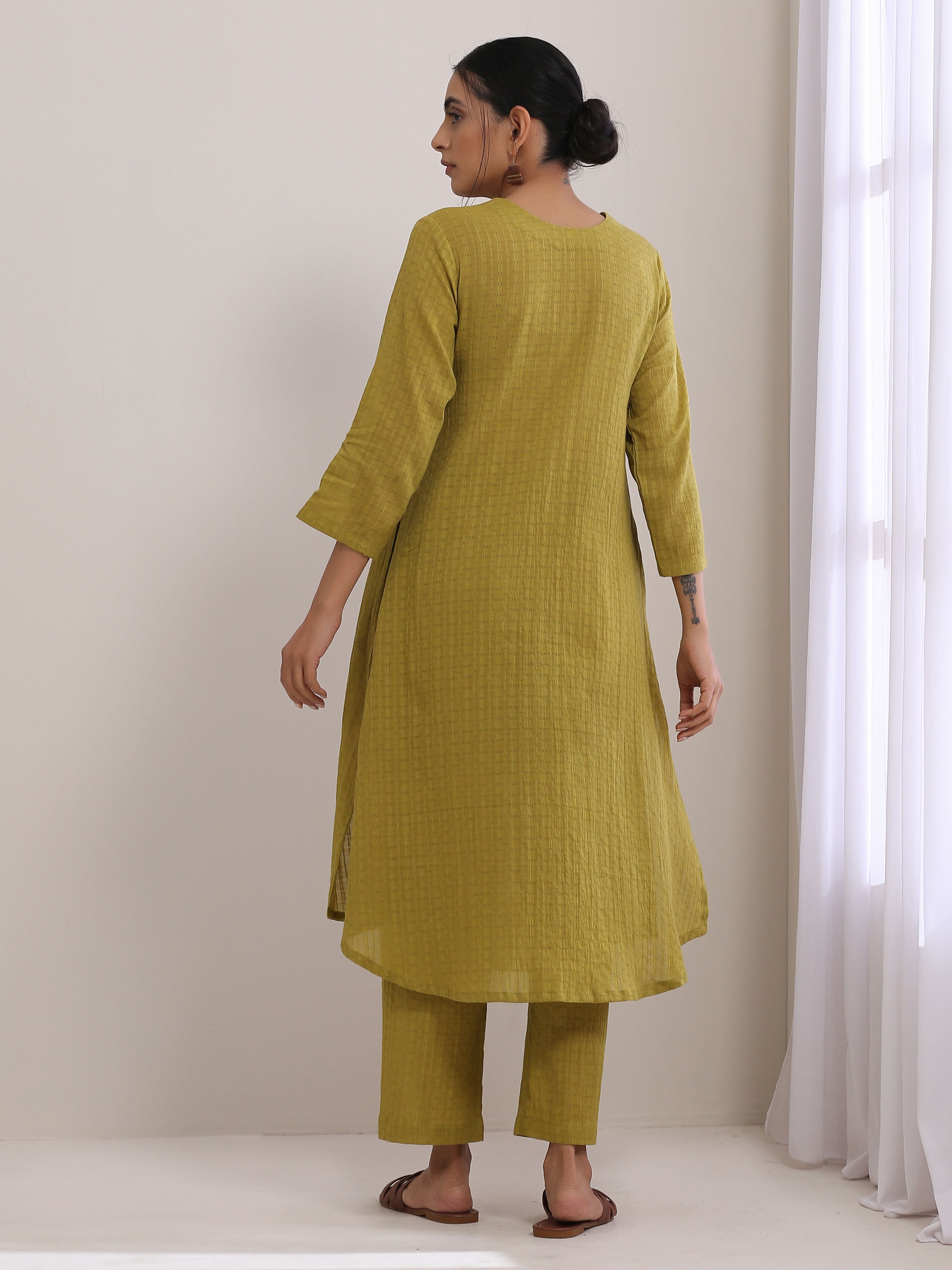 trueBrowns Avacado Green Dobby Flared Slit Kurta Pant Set