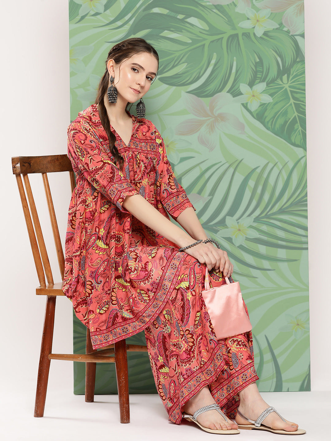 InWeave Women's Peach Camelia Printed Ethnic Kurta Set