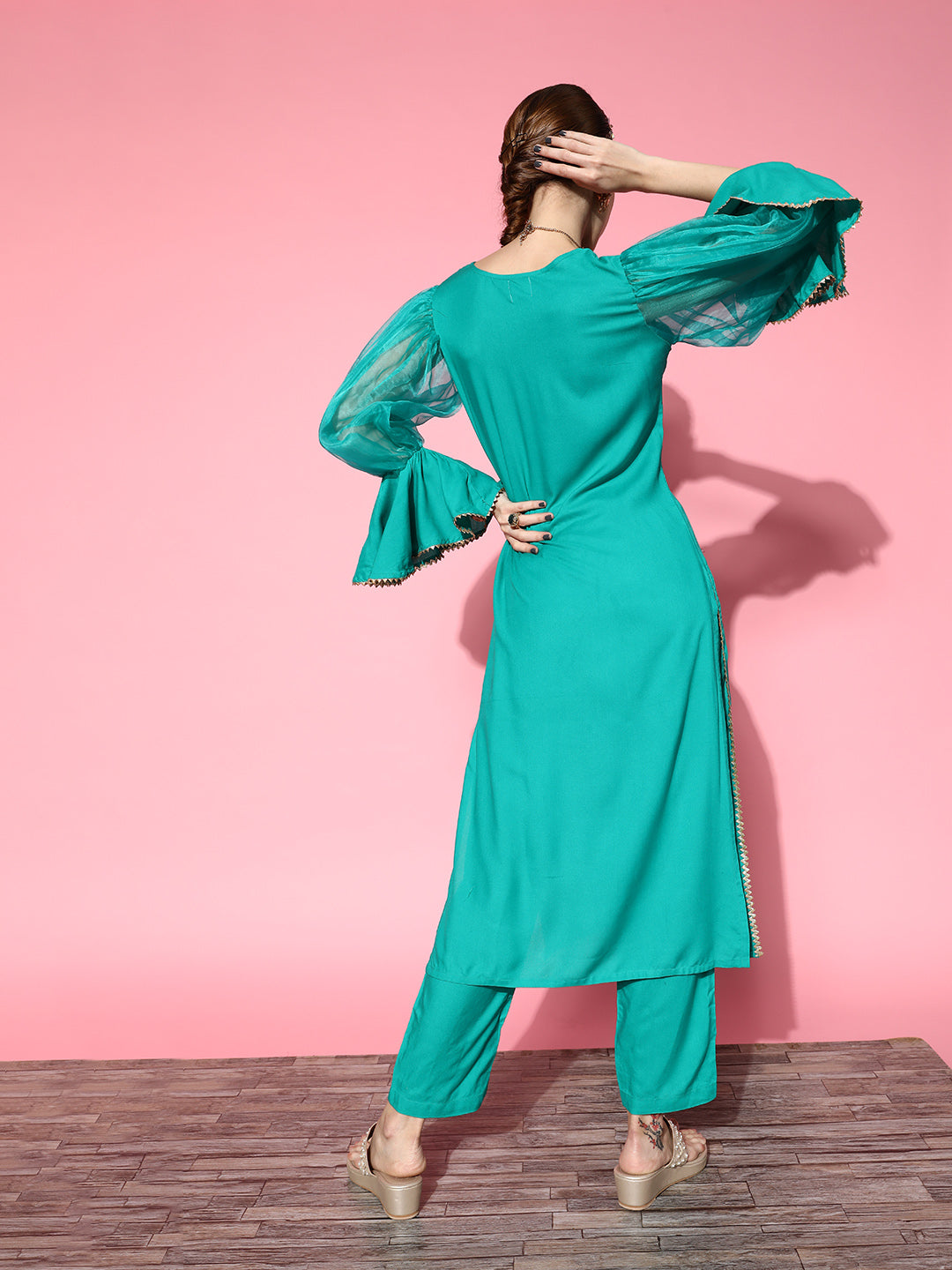 InWeave Women's Aqua Organza Sleeve Gota Work Kurta Set