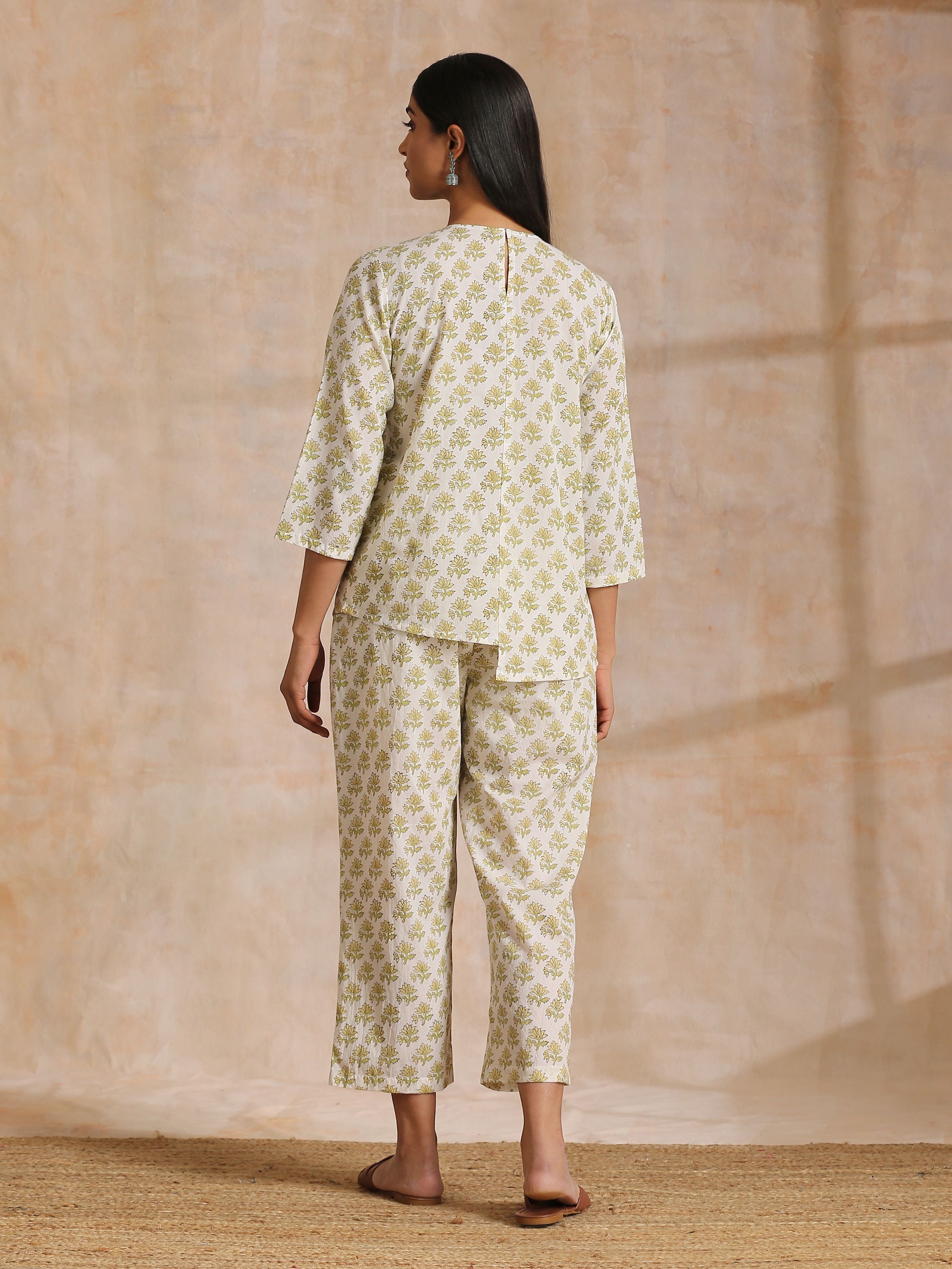 trueBrowns Green Buta On Off-White Block Print Cotton Co-Ord Set