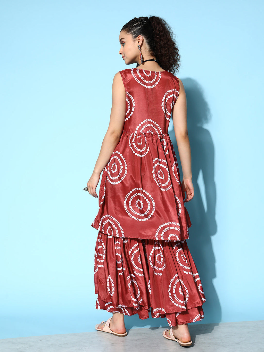 InWeave Women's Maroon Bandhani Motif Tiered Sharara Set