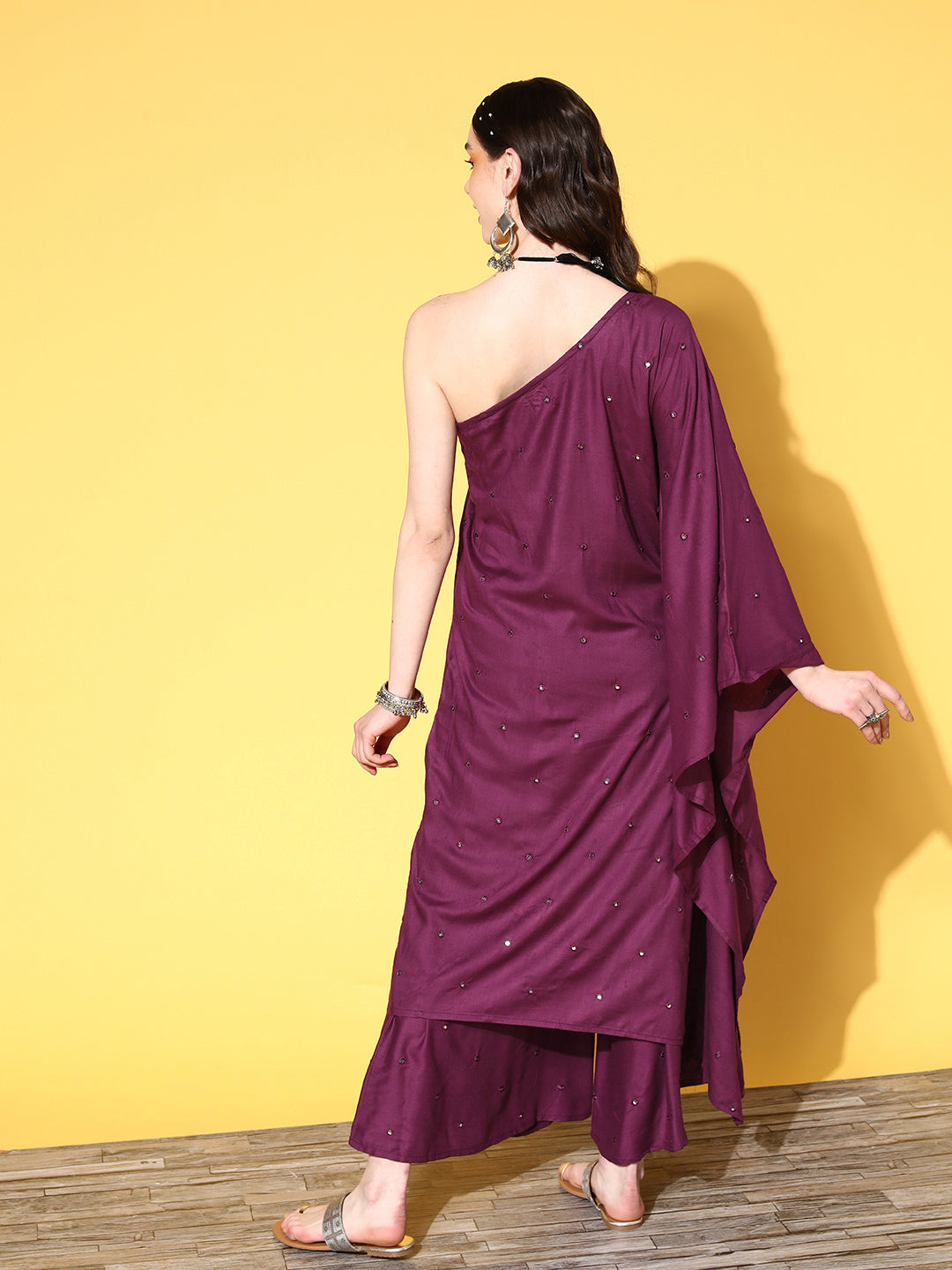 InWeave Women's Wine Mirror Work One Shoulder Kurta Set