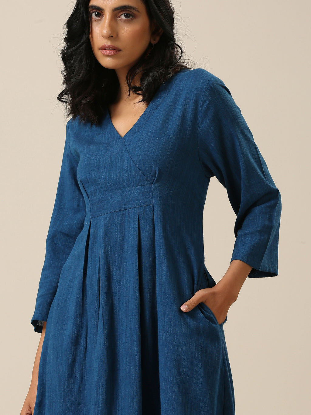 trueBrowns Classic Blue Slub Texture Overlap Pleat Kurta Pant Set