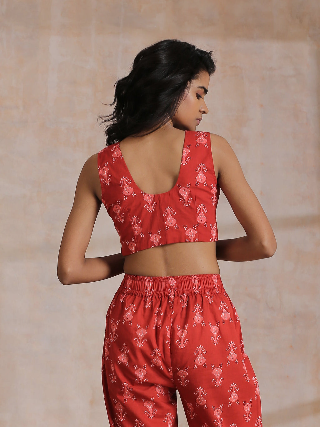 trueBrowns Red On Red Ikat Print Cotton Pant Suit Set