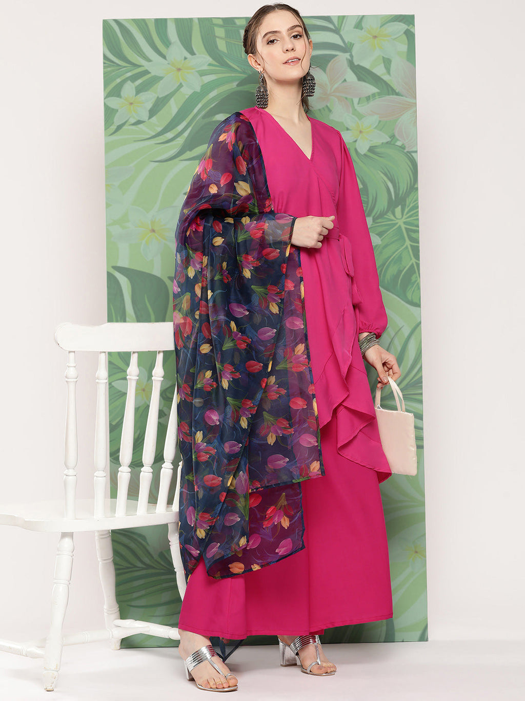 InWeave Women's Magenta Tie Up Kurta Set W Navy Pink Or Dupatta
