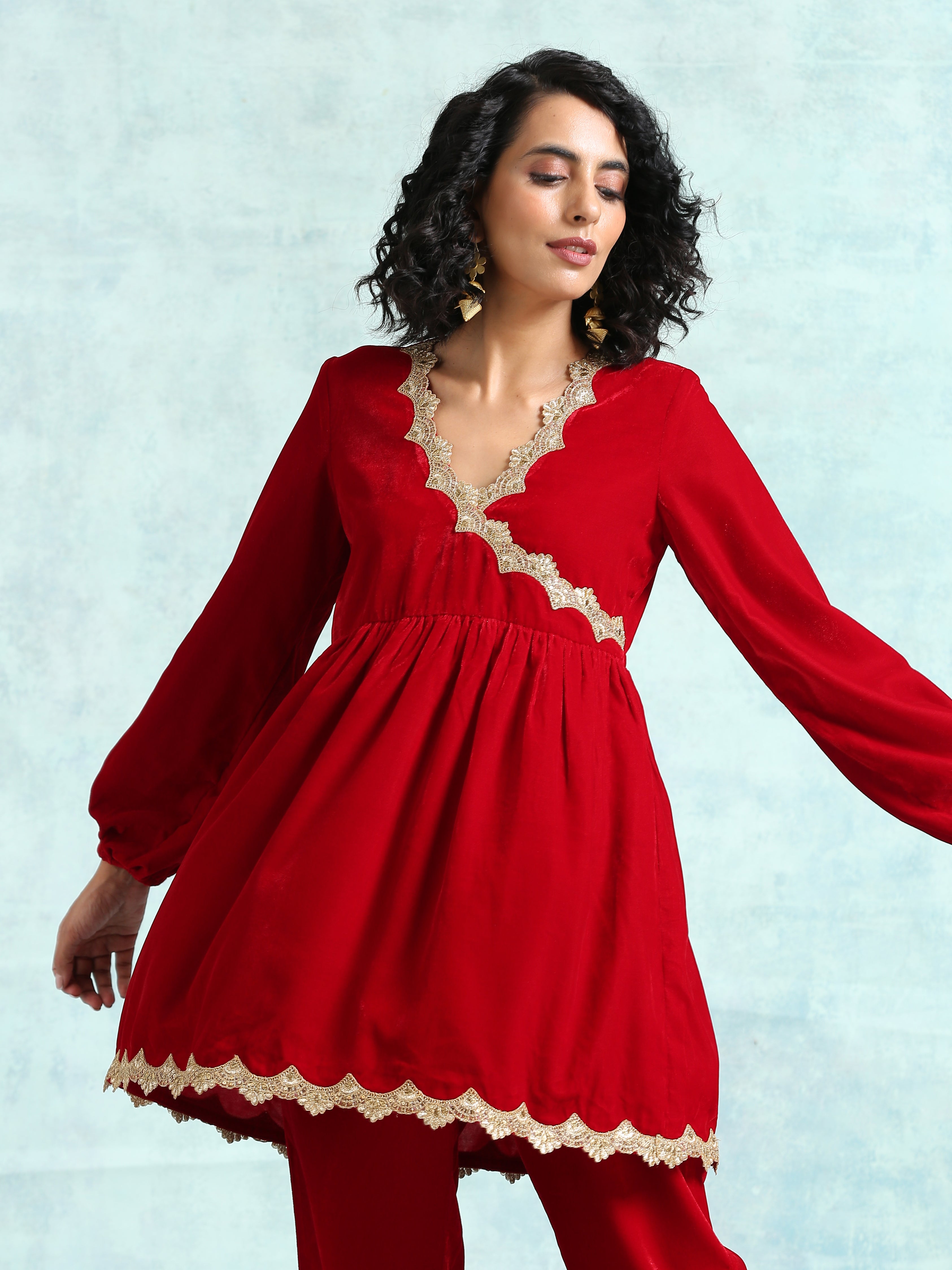 trueBrowns True Red Velvet Lace Co-Ord Set