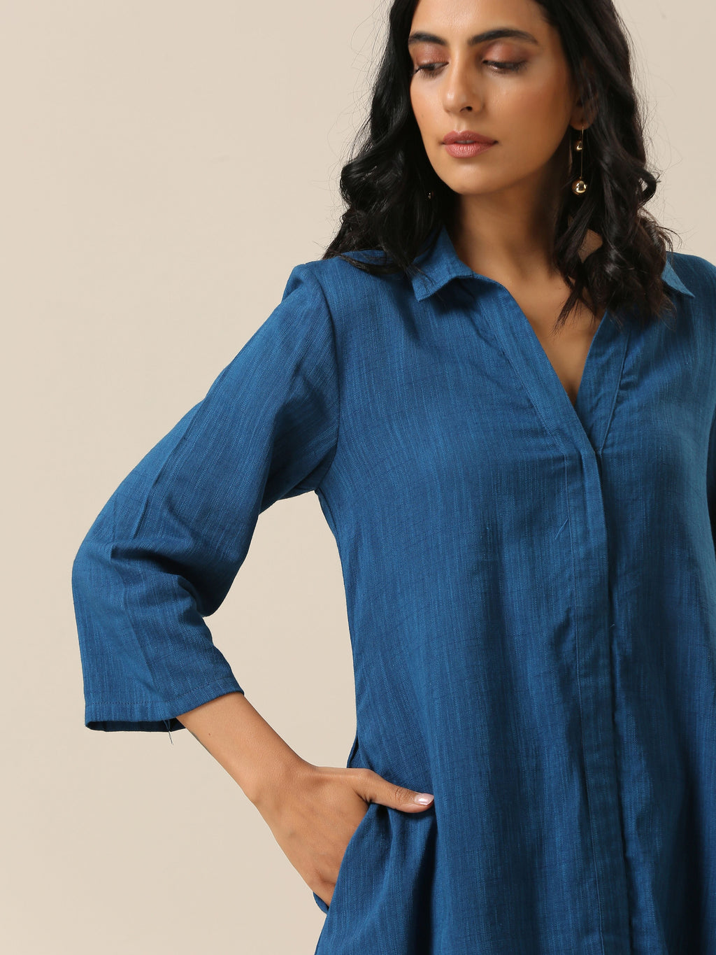 trueBrowns Classic Blue Slub Texture Collar Short Co-Ord Set