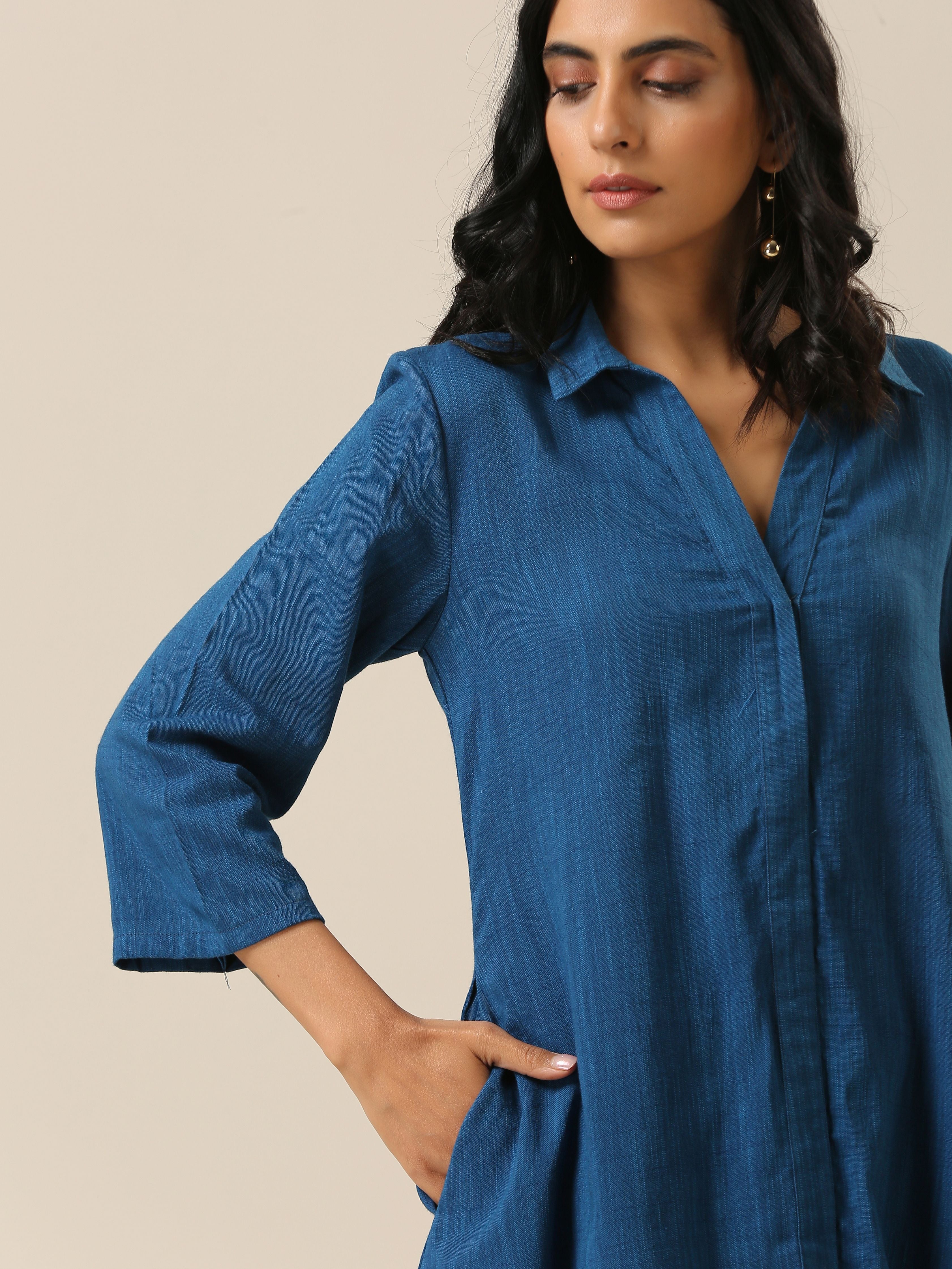 trueBrowns Classic Blue Slub Texture Collar Short Co-Ord Set