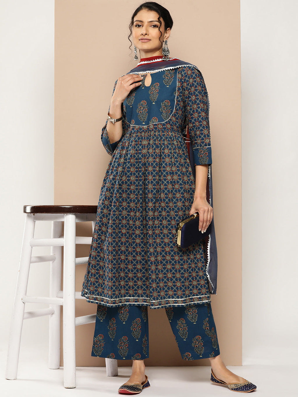 KSUT (House of Varanga) Blue And Rust Yoke Style Anarkali Paired With Printed Palazzo And Ombre Dupatta