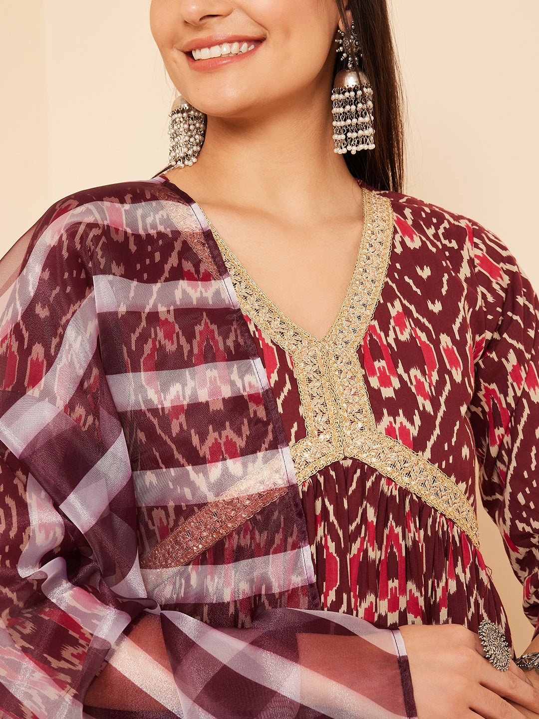 InWeave Women's Wine Ikkat Print Alia Cut Gota Work Kurta Set W Wine Leh Dup