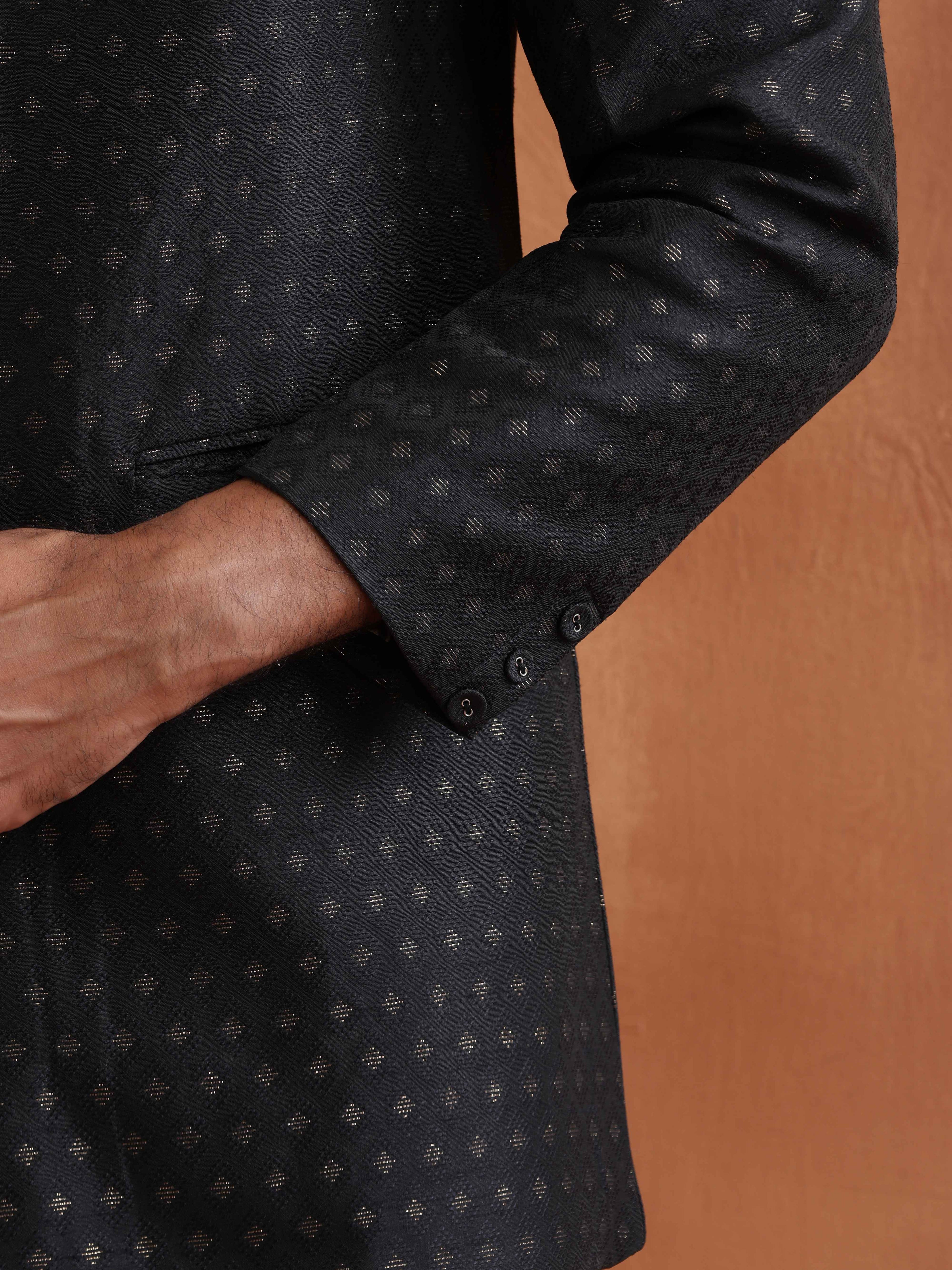 trueBrowns Men's Black Chanderi Long Jacket