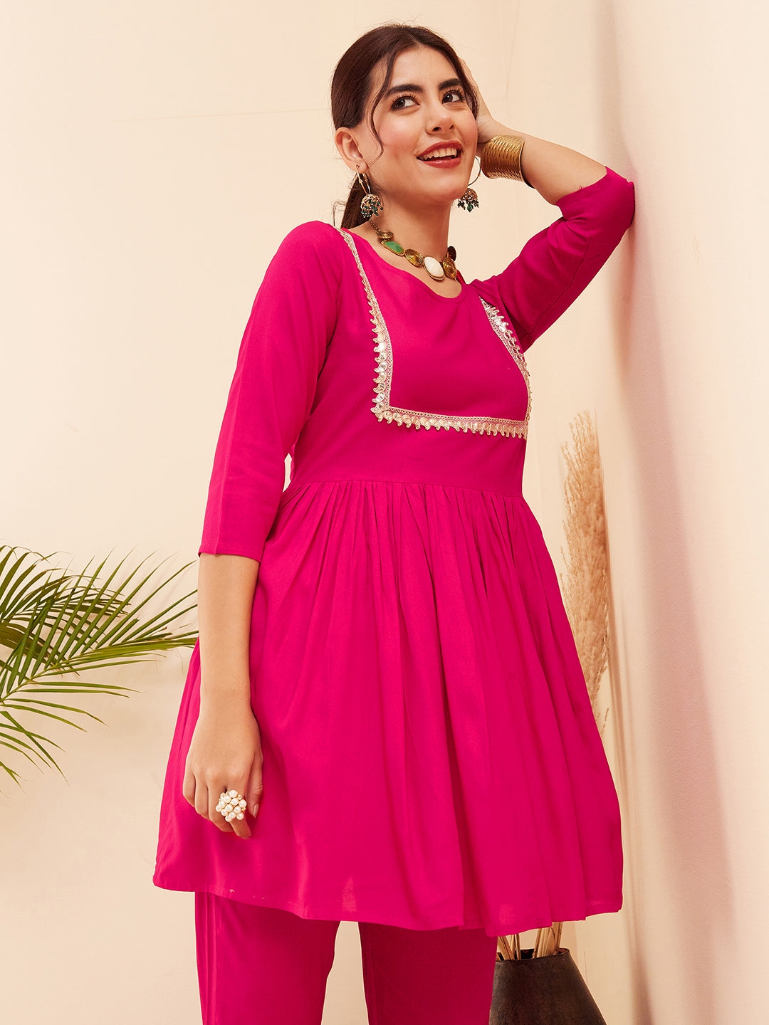 InWeave Women's Fuchsia Round Neck Square Gota Work Kurta Pant Set