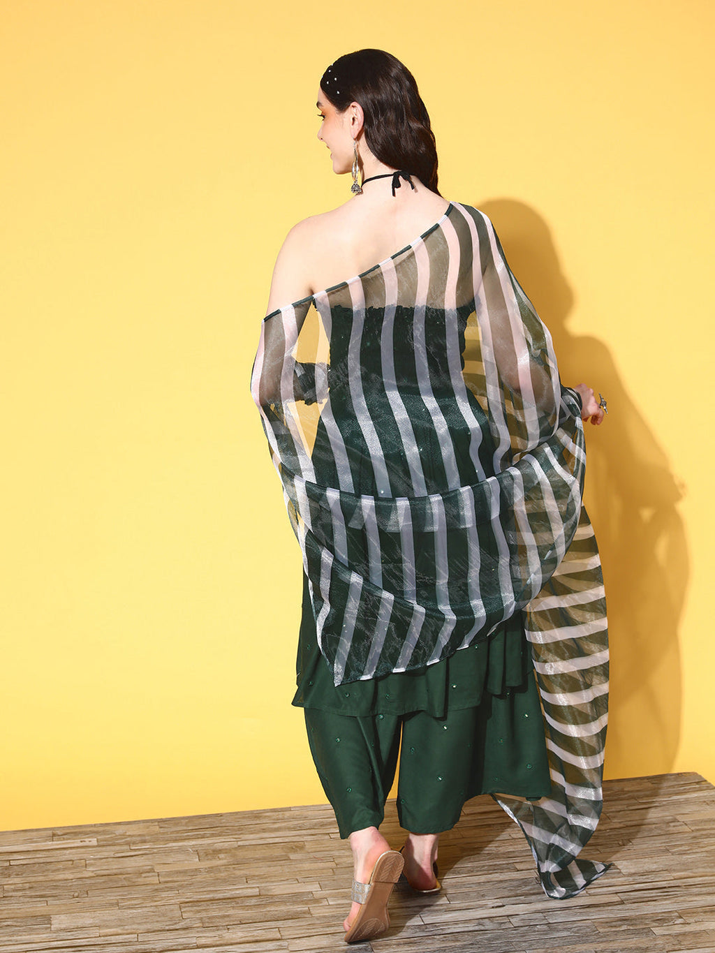 InWeave Women's Green Mirror Work Off Shoulder Kurta Set With Dupatta