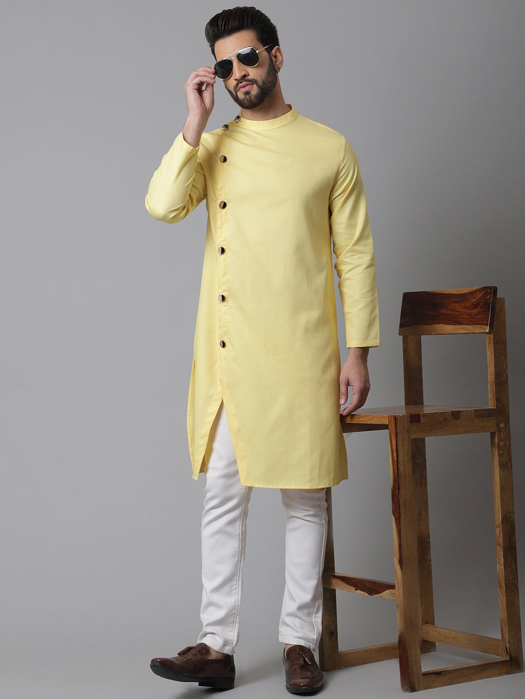 Even Apparels Yellow Sherwani Kurta With Asymetrical Cut