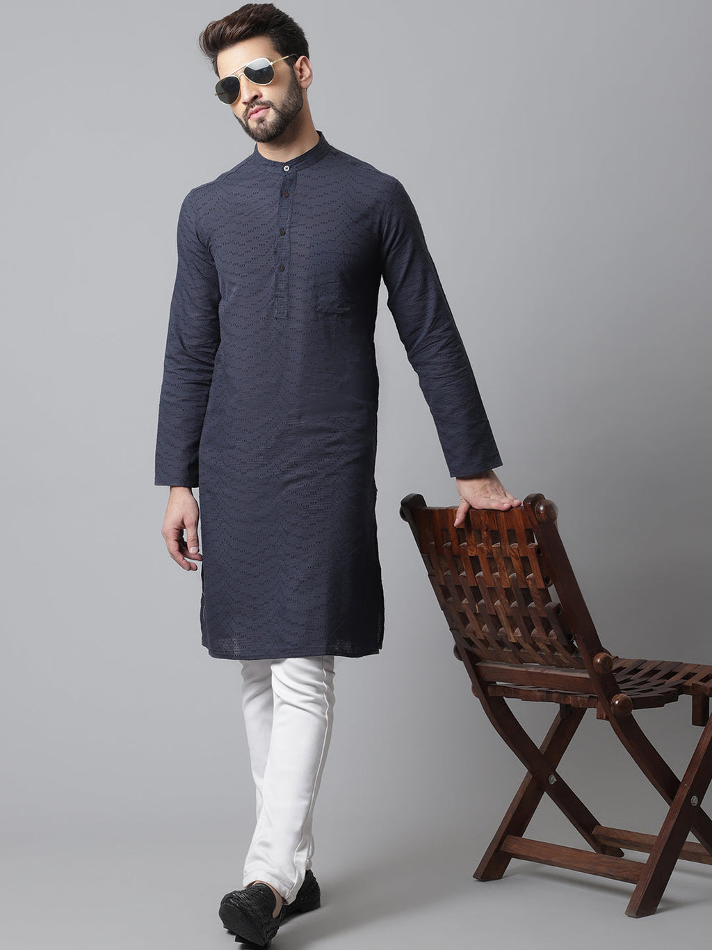 Even Apparels Blue Pure Cotton Kurta With Band Collar