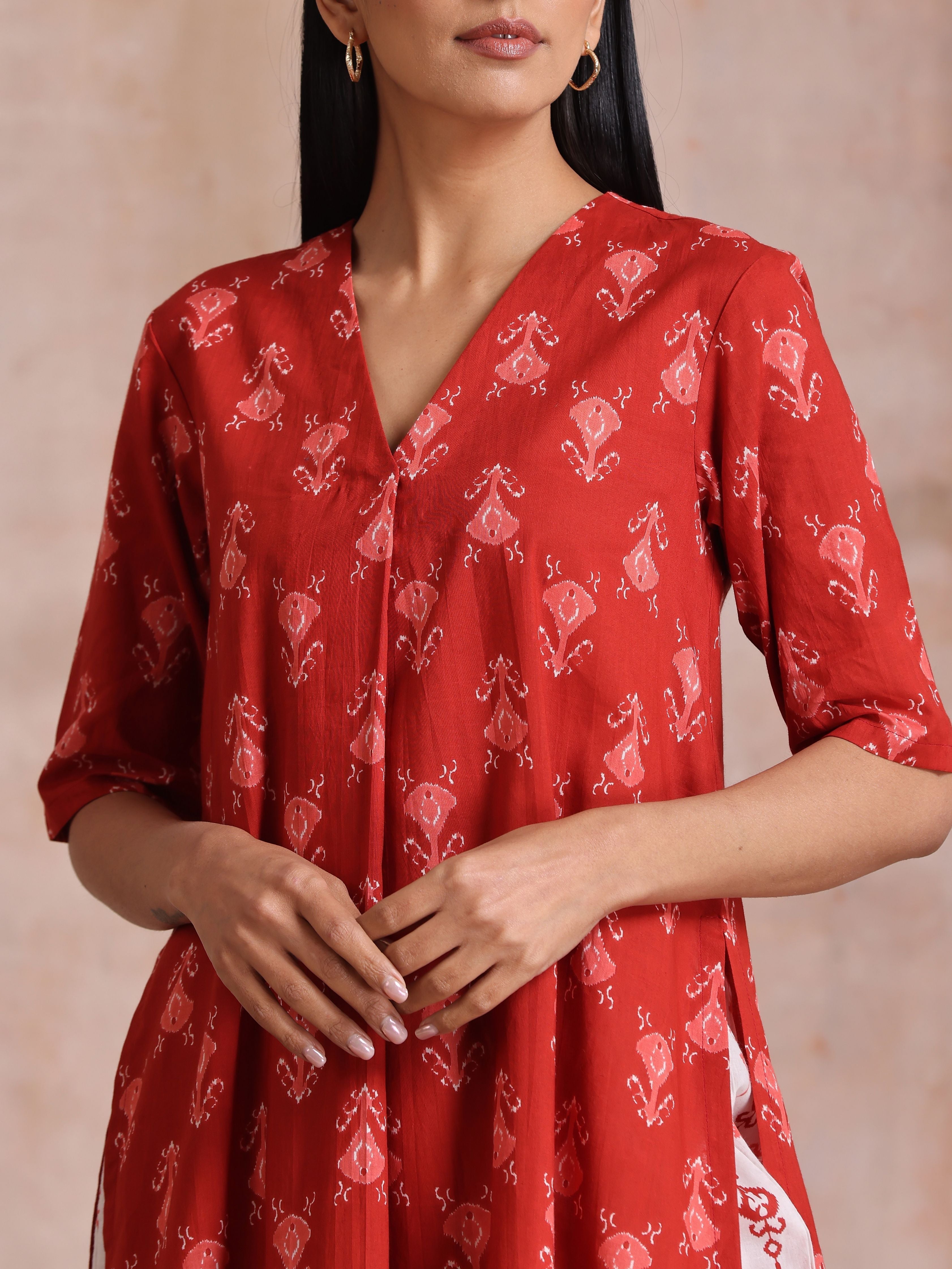 trueBrowns Red On Red Ikat Print Cotton Kurta Pant Set